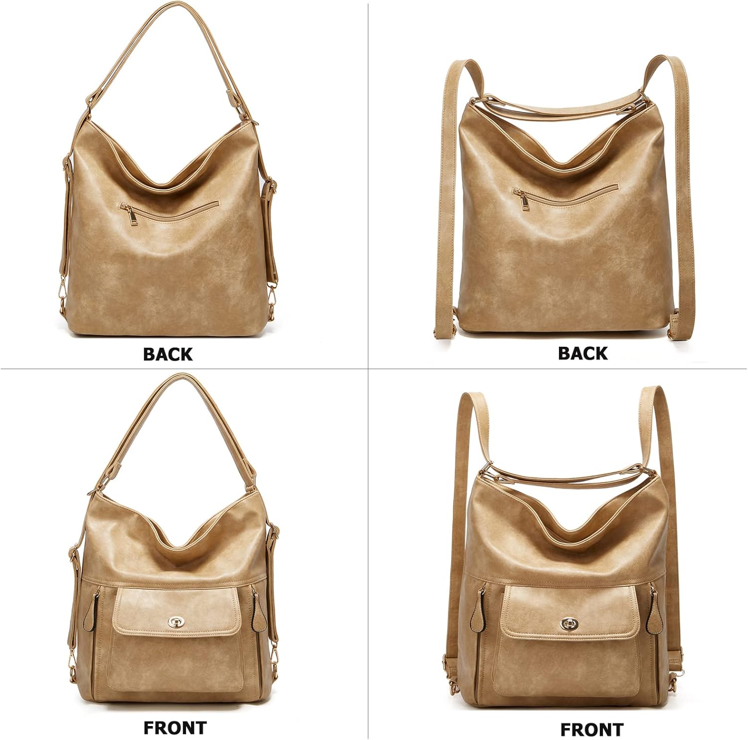 myfriday Vintage Leather Fashion Backpack Purse for Women Large Capacity Convertible Backpack Travel Daily Daypack (Khaki) - Image 3