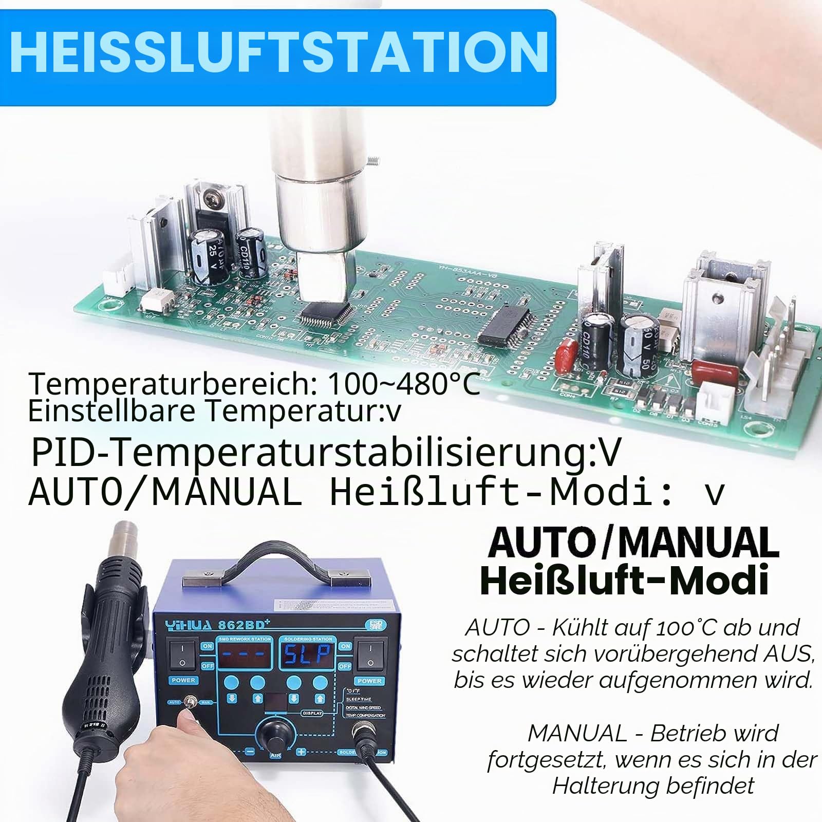 YIHUA 862BD+ SMD-Heißluft-Nachbesserungsstation und Lötstation, 2-in-1 Station mit Temperaturstabilisierungsfunktion für Elektronik, DIY-Projekten, Nachbesserungen, Reparaturen(EU PLUG)