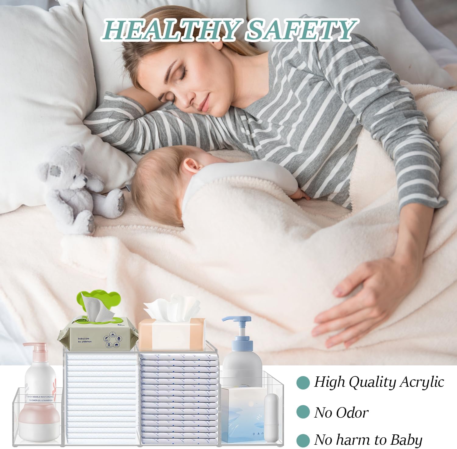 Jumyee Acrylic Diaper Caddy, Changing Diaper Table Organizer, Tabletop Detachable Clear Diaper Storage Organizer for Diapers, Wipes, and More Baby Stuff