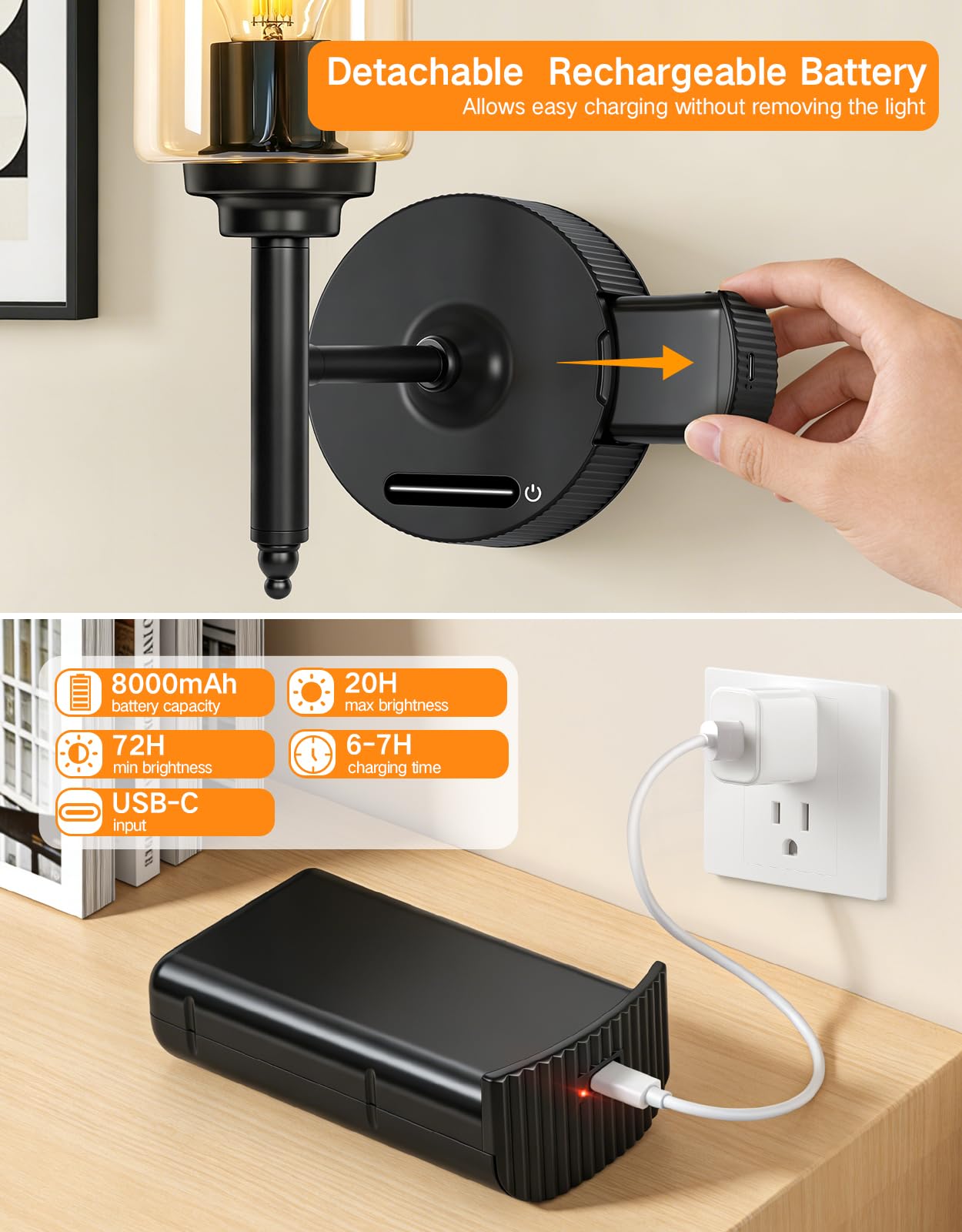 OUTON 2 lámparas LED de pared inalámbricas con batería, sin conexión de alimentación, con mando a distancia y táctil, 3 temperaturas de color 3000 K-6000 K, regulable sin niveles, temporizador, 8000