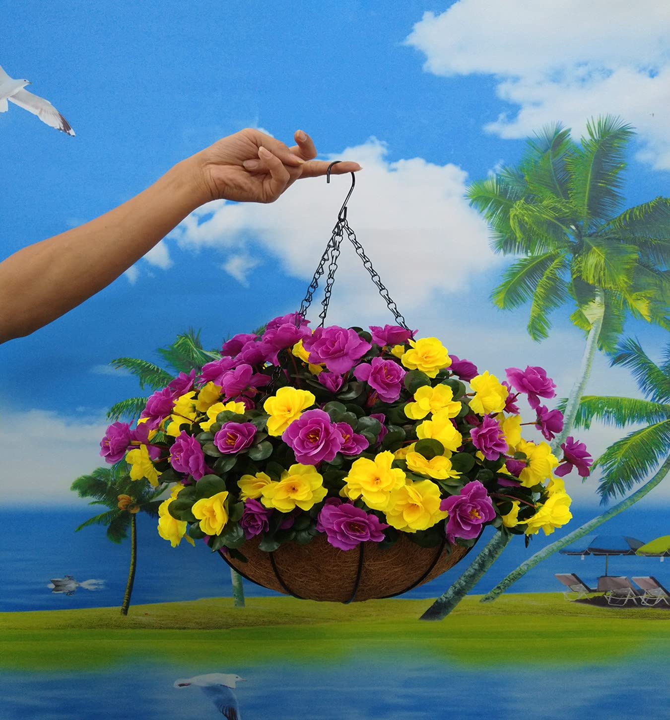 Décoration intérieure et extérieure - Grandes azalées artificielles en soie jaune et violet - Panier à suspendre avec pot de fleurs (grand panier)