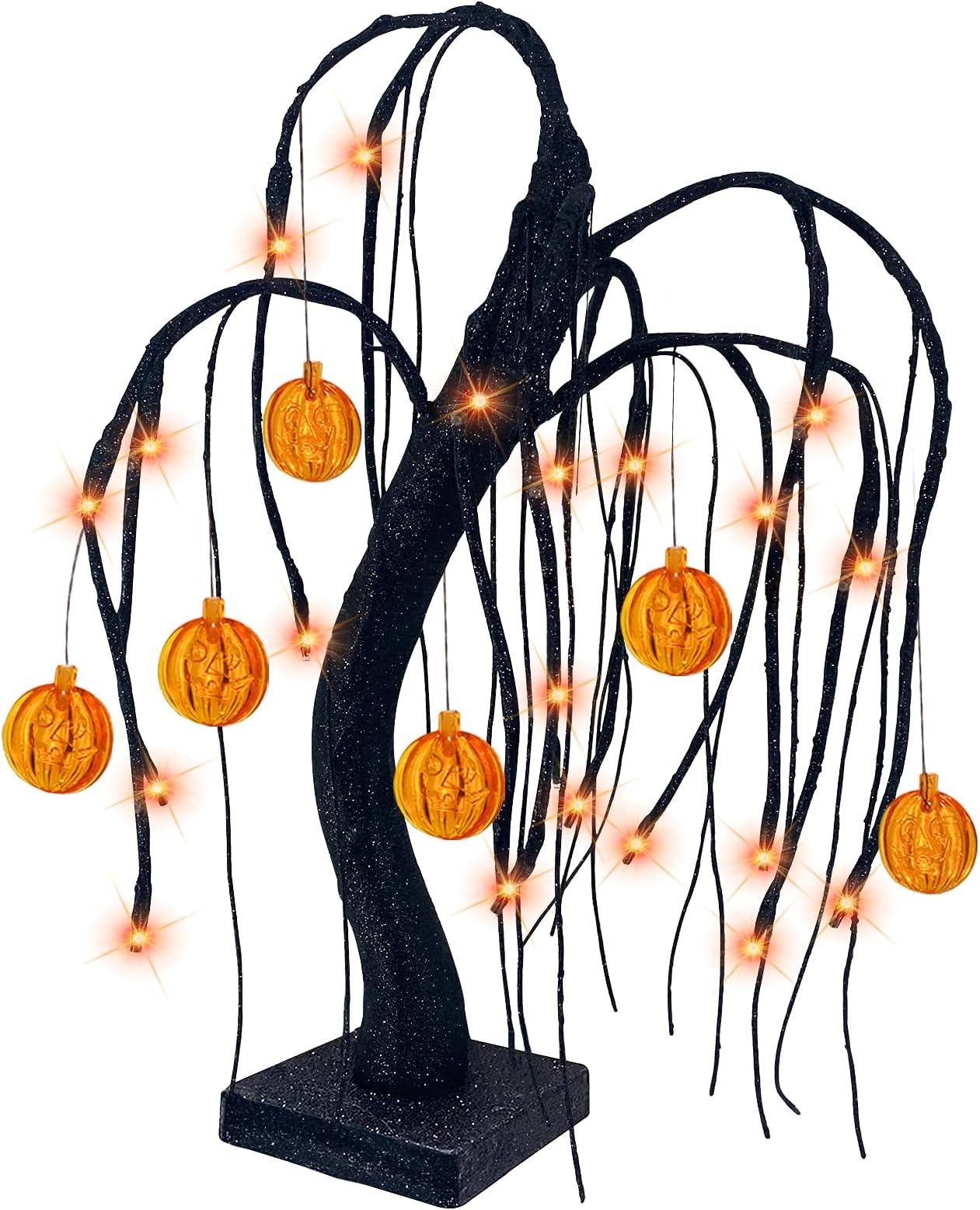 TURNMEON 18" LED Halloween Willow Tree Decor 24 Orange Lights Timer Battery Powered Jack-O-Lantern Pumpkins Ornaments Black Spooky Tabletop Tree Halloween Scary Decorations Indoor Home Party