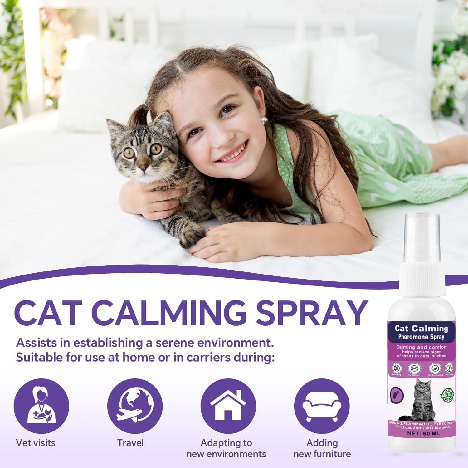 Cat Calming Spray with Pheromones – Anxiety & Stress Relief for Cats – Reduce Scratching Furniture, Urine Marking & Aggression – Calming Aid for Travel, Vet Visits & Home – 60-Day Supply (2 × 60 mL)