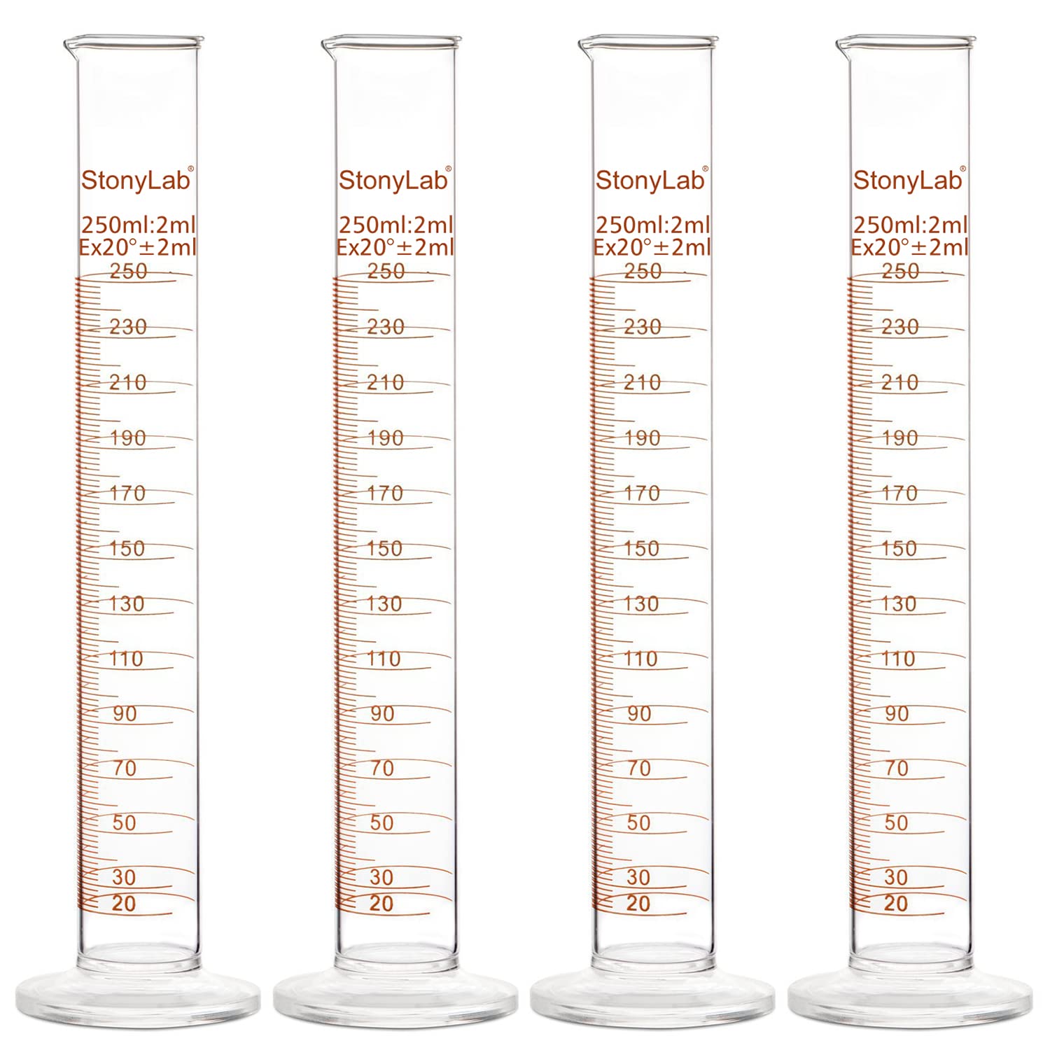StonyLab 4-Pack Borosilicate Glass 250ml Heavy Wall Graduated Cylinder Measuring Cylinder, 250ml