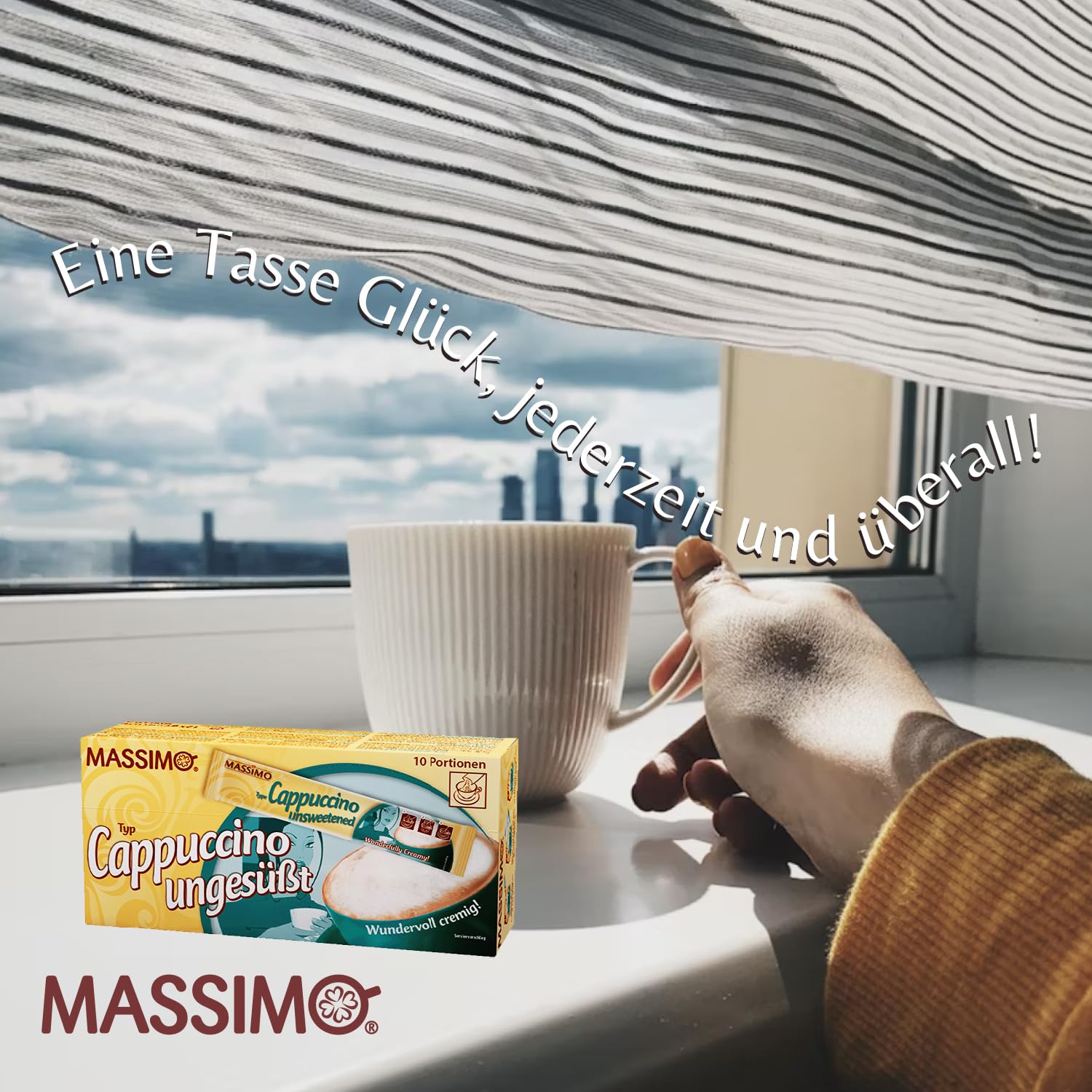 MASSIMO Cappuccino niesłodzone, 160 patyczków, 16 x 10 patyczków po 12,5 g, opakowanie ekonomiczne, rozpuszczalna kawa ziarnista, kakao, bez cukru, szybkie przygotowanie, zawiera kofeinę, kawa