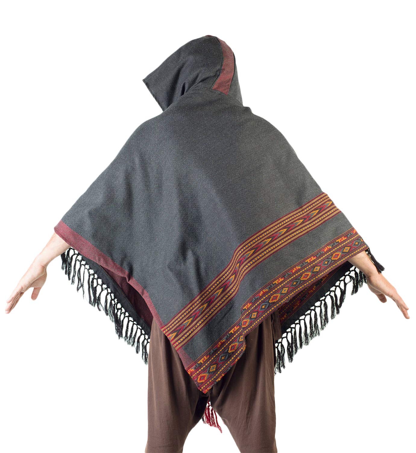 Poncho de lana de yak para hombre, color gris oscuro, capucha grande y bolsillos, patrón tribal terroso Festival Gypsy AJJAYA alternativa primitiva mexicana, gris, Taille unique