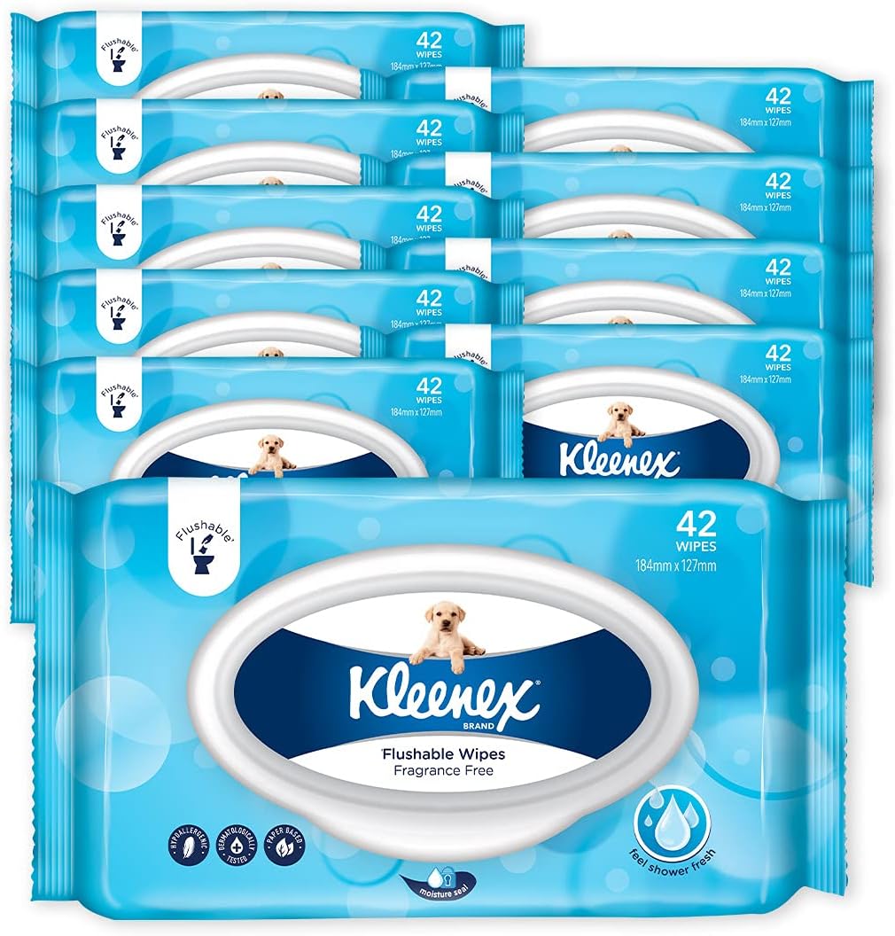 KLEENEX Flushable Fresh Wipes Fragrance Free, (Pack of 42 Wipes x 10