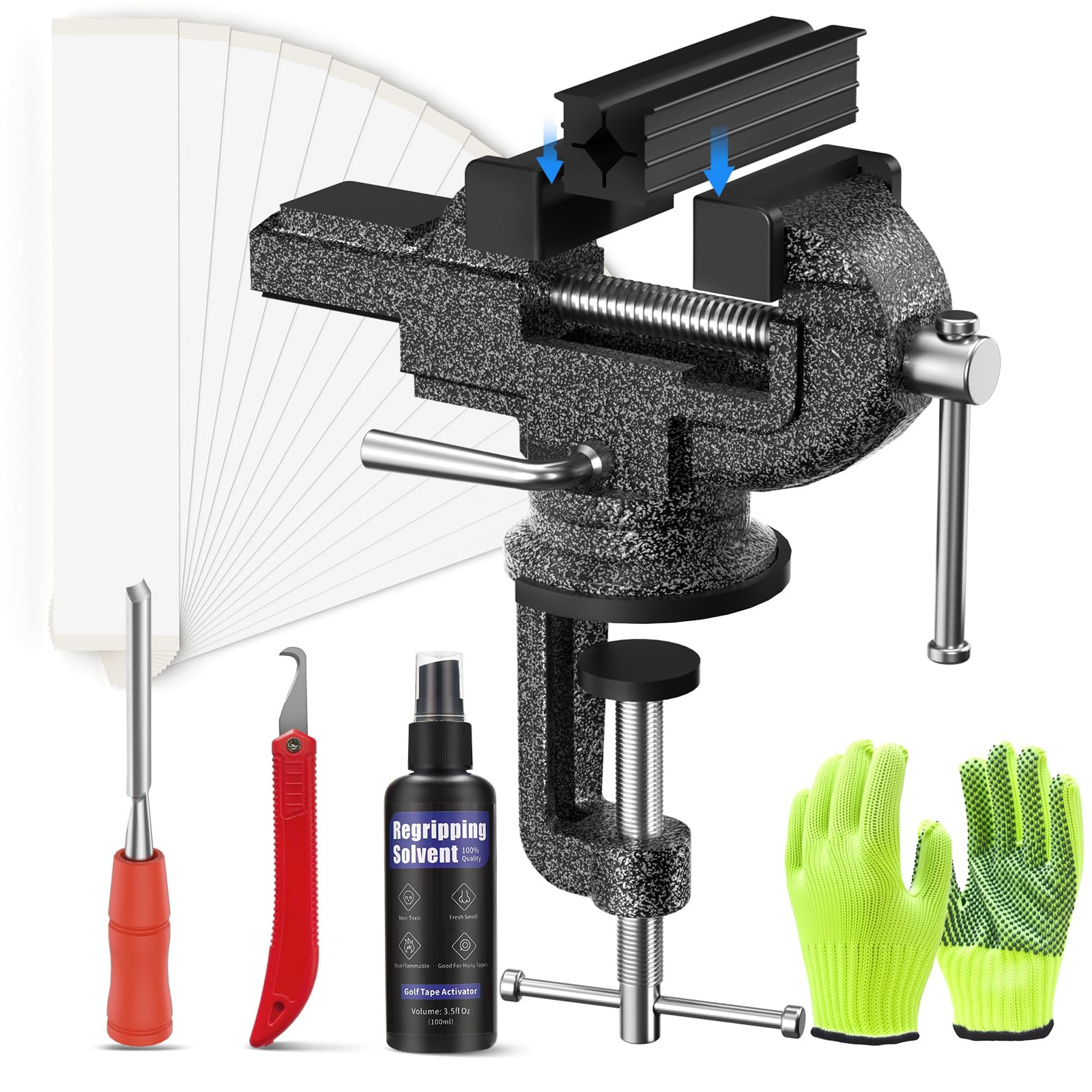 golf club regripping tool kit with double sided tape and solvent