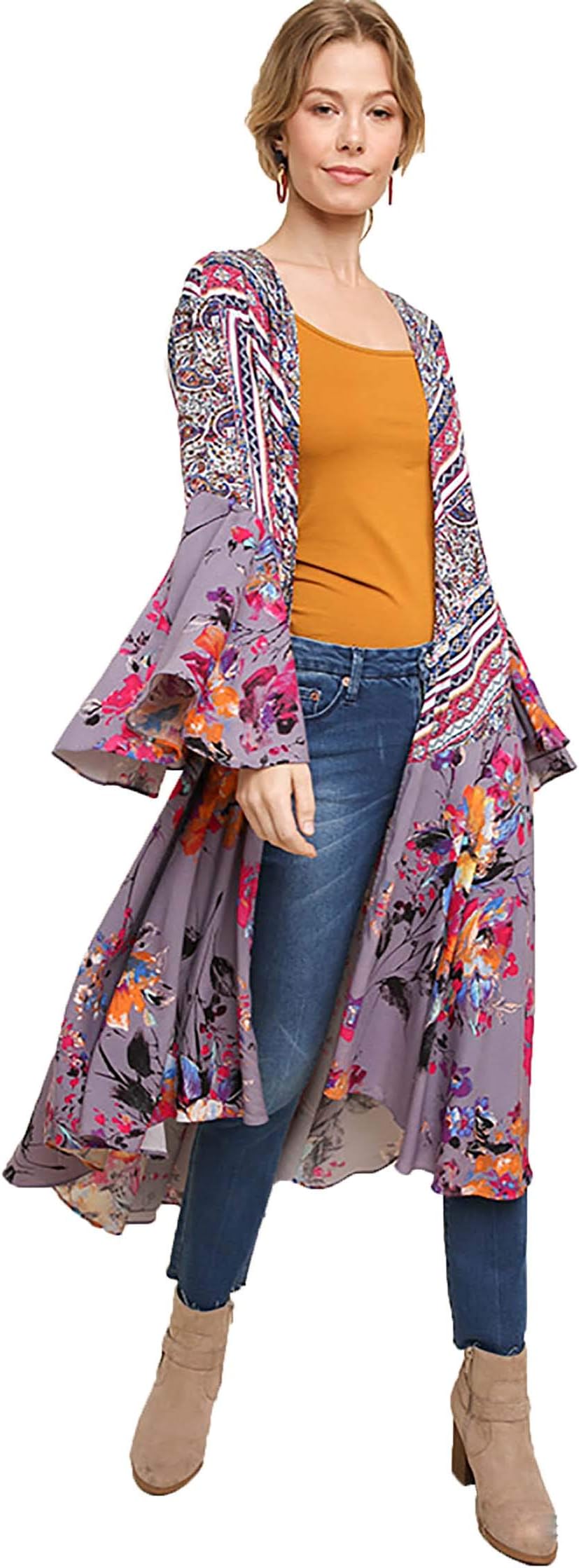 Umgee Womens Ruffled Long Body Kimono with a Multicolored Print, Grey Combo, Small