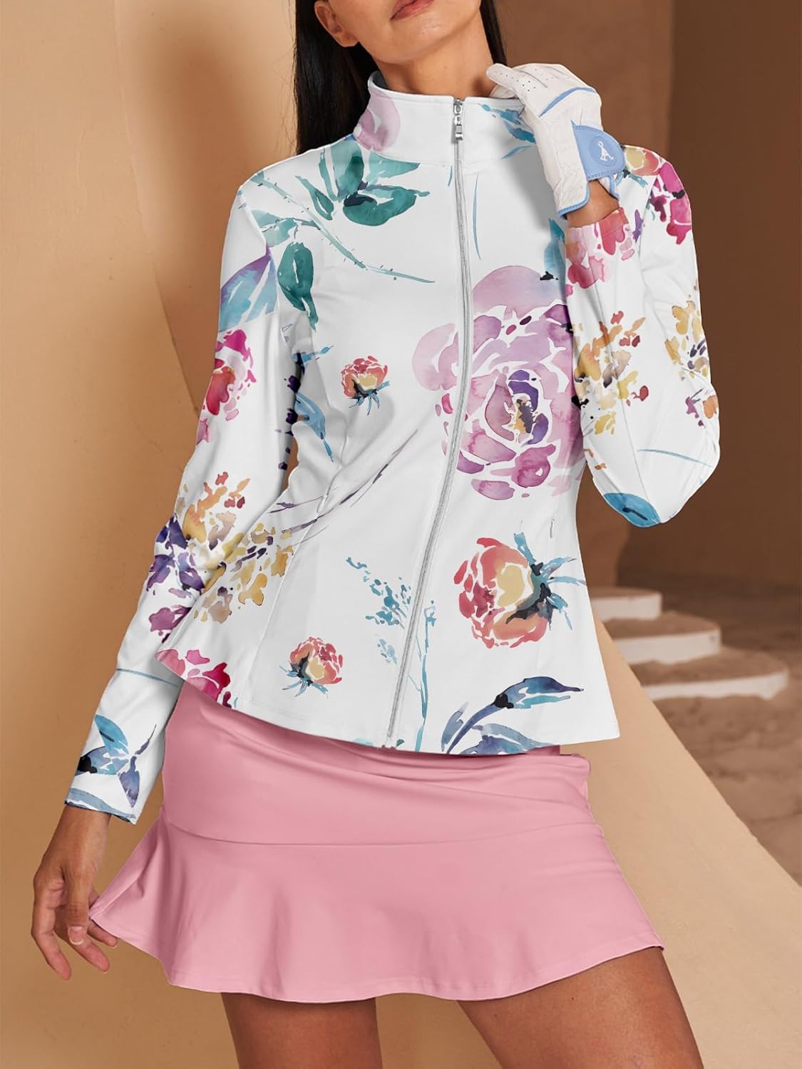 ACEGOLFS Women's Golf Jackets Lightweight Zip up Athletic Jacket Women Long Sleeve Floral Printed Pullover Ruffle Workout Top - Image 2