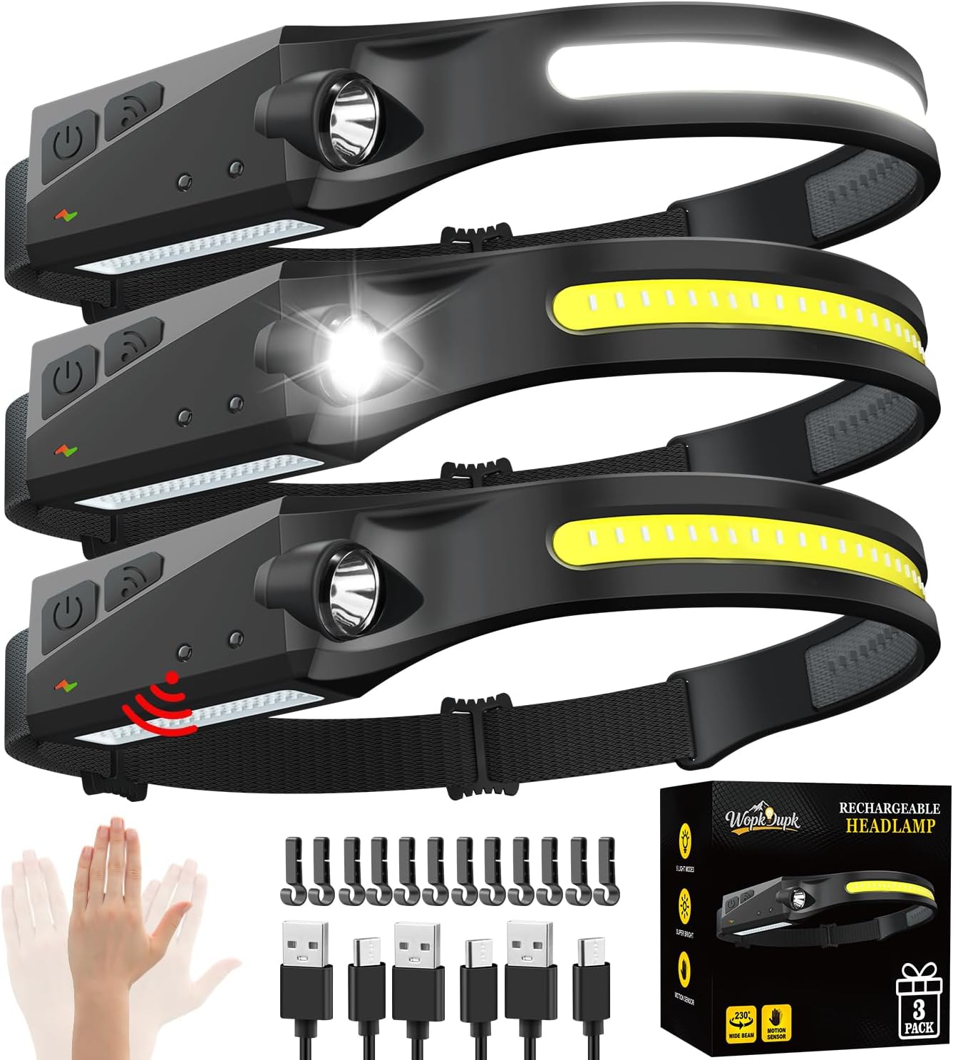 - Rechargeable Headlamp 3PCS, 230° Wide Beam Head Lamp, Motion Sensor LED Headlamp Rechargeable, 5Mode Bright Headlamps for Adults, Head Lights for Forehead, Hard Hat Headlight, Camping Essentials Gear
