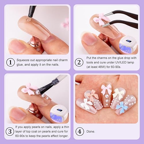 Miniatura 5 de Juego de 120 dijes de lazo de uñas 3D + perlas de uñas de 0.079 a 0.178 pulgadas, 1, 6 colores lindos dijes de lazo y perlas blancas con cola de gel