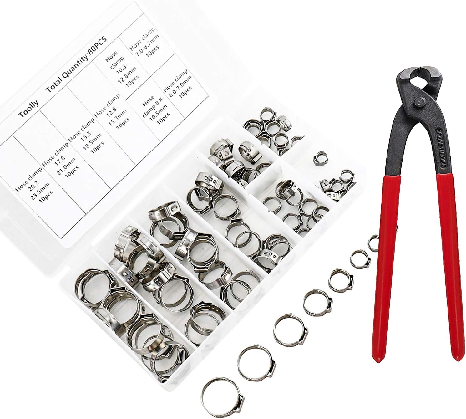 Toolly 80 Pieces 304 Stainless Steel Single Ear Hose Clamps, 1/4"15/16