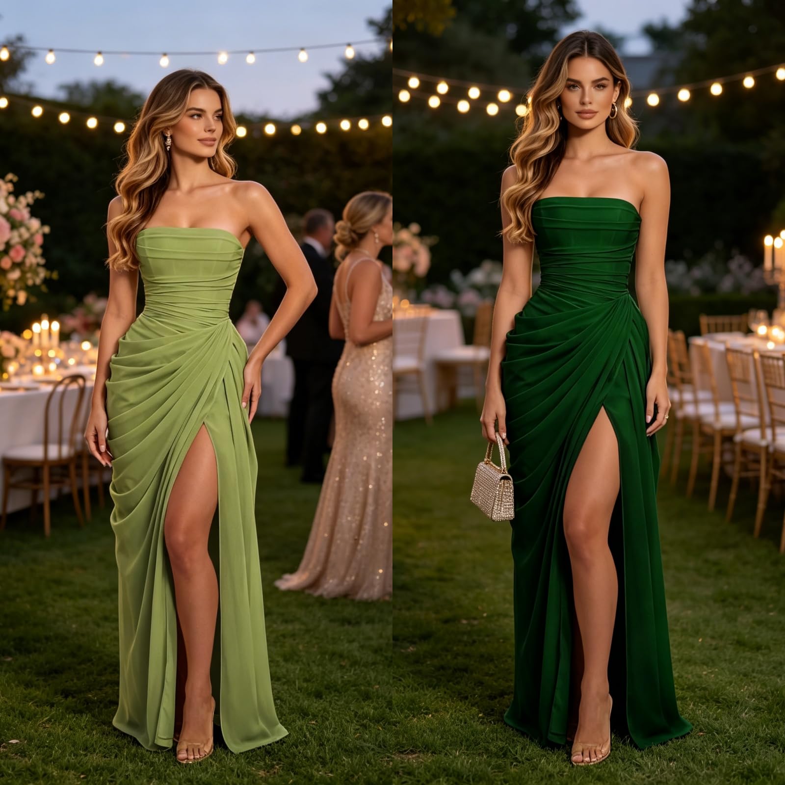 Vestido largo de gasa plisado con corsé sin tirantes para mujer, vestido largo de noche formal con abertura
