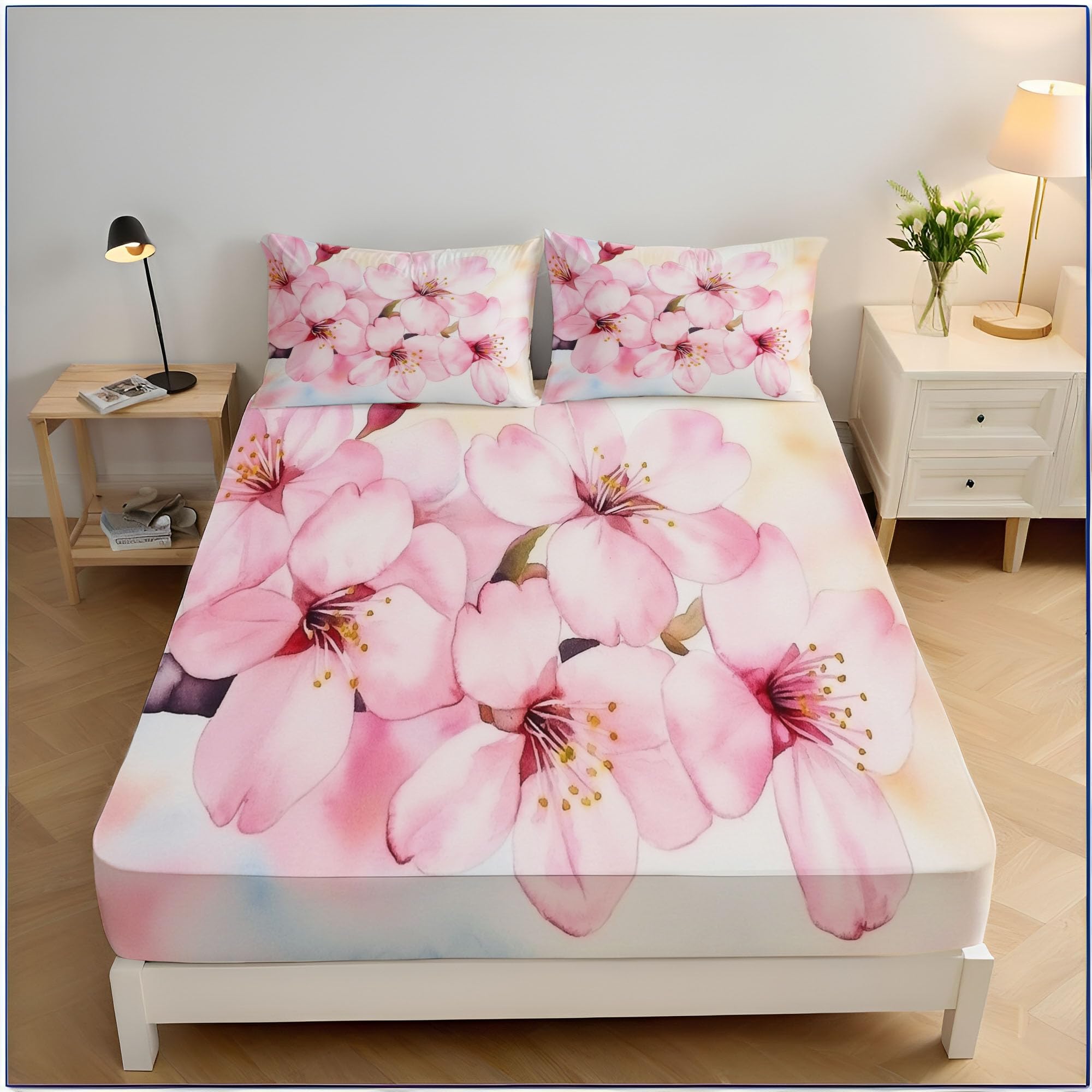 Drap-housse pour matelas épais fleurs de pêcher qui ne glisse pas grâce à son grand élastique