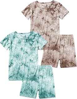 Kids Soft Rayon From Bamboo Sleepwear Short Sleeve Boys Girls Pajama Outdoor 4-Piece tops&shorts Casual sets Tie PJ