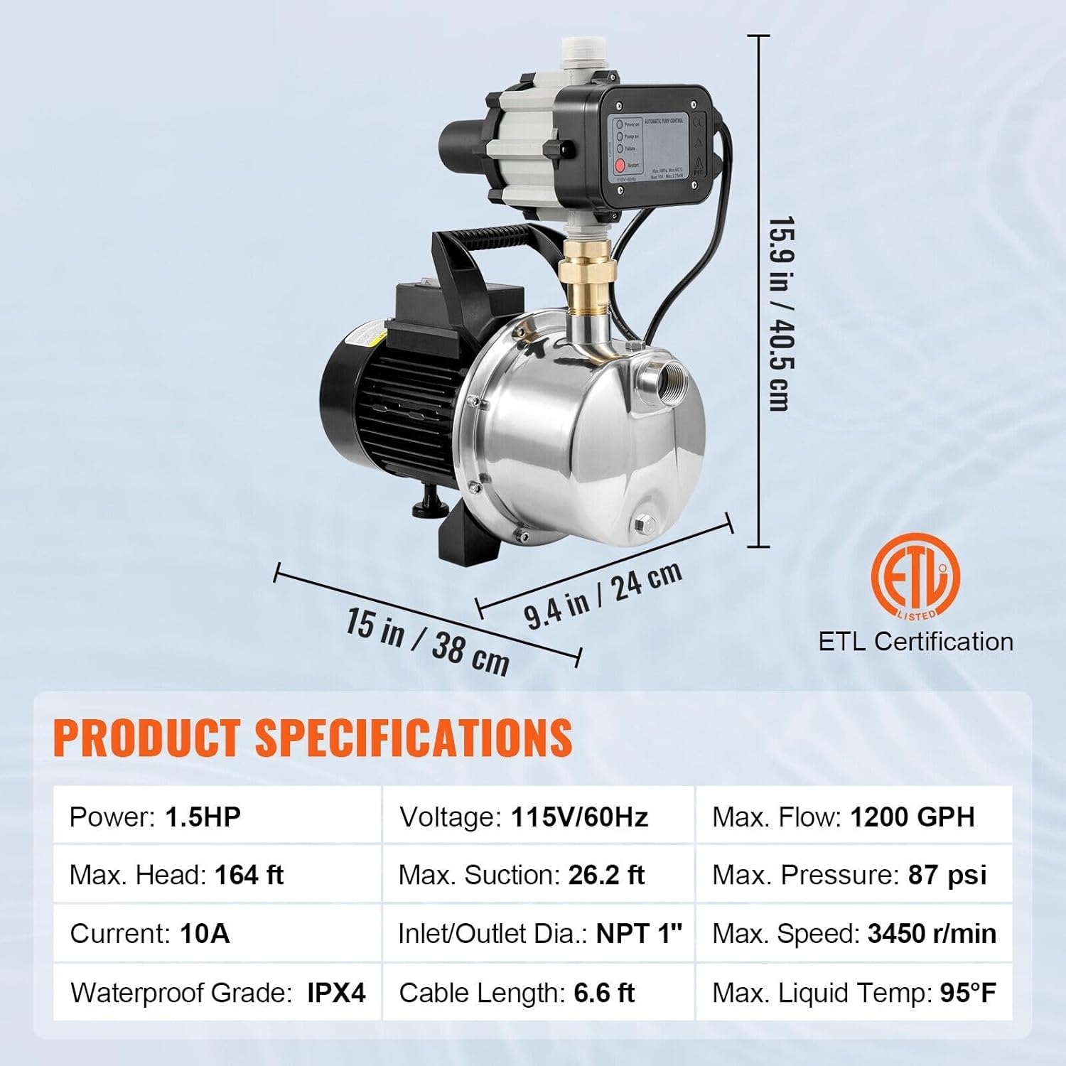 Shallow Well Pump Portable Sprinkler Booster Jet Pumps with Automatic Controller for Garden Lawn Irrigation Water Transfer,High Efficiency