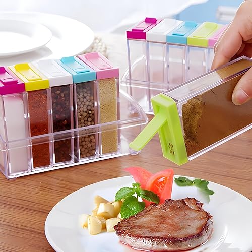 Miniatura 4 de Anberky - Juego de 12 tarros coloridos para especias y salero y pimentero, juego de condimentos, estuche dispensador de especias de plástico,