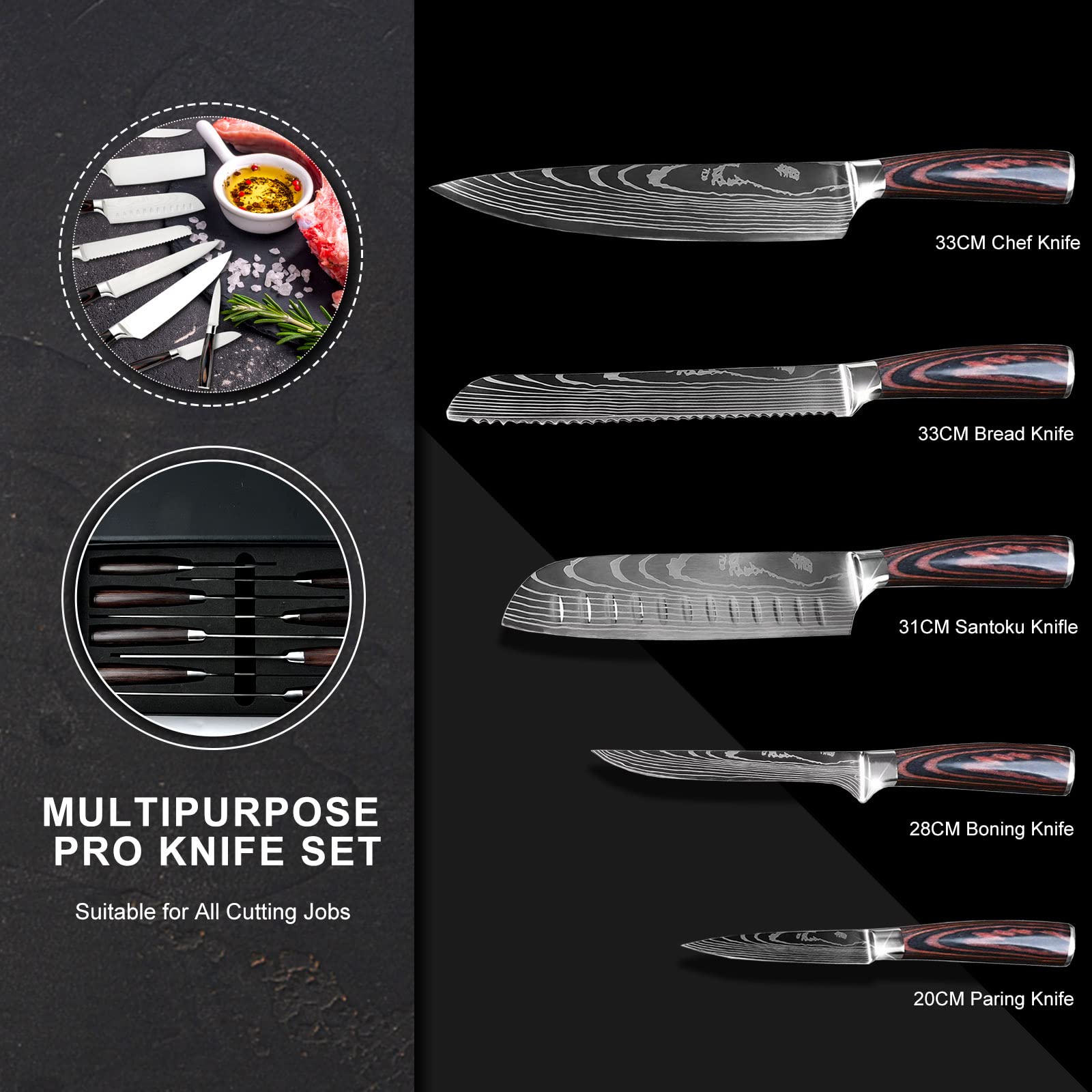 Messerset 5-tlg Küchenmesser Set mit Ergonomischen Griff, Profi Messer Set aus Hochwertigem Carbon Edelstahl mit Kochmesser, Brotmesser, Santokumesser, Ausbeinmesser, Gemüsemesser