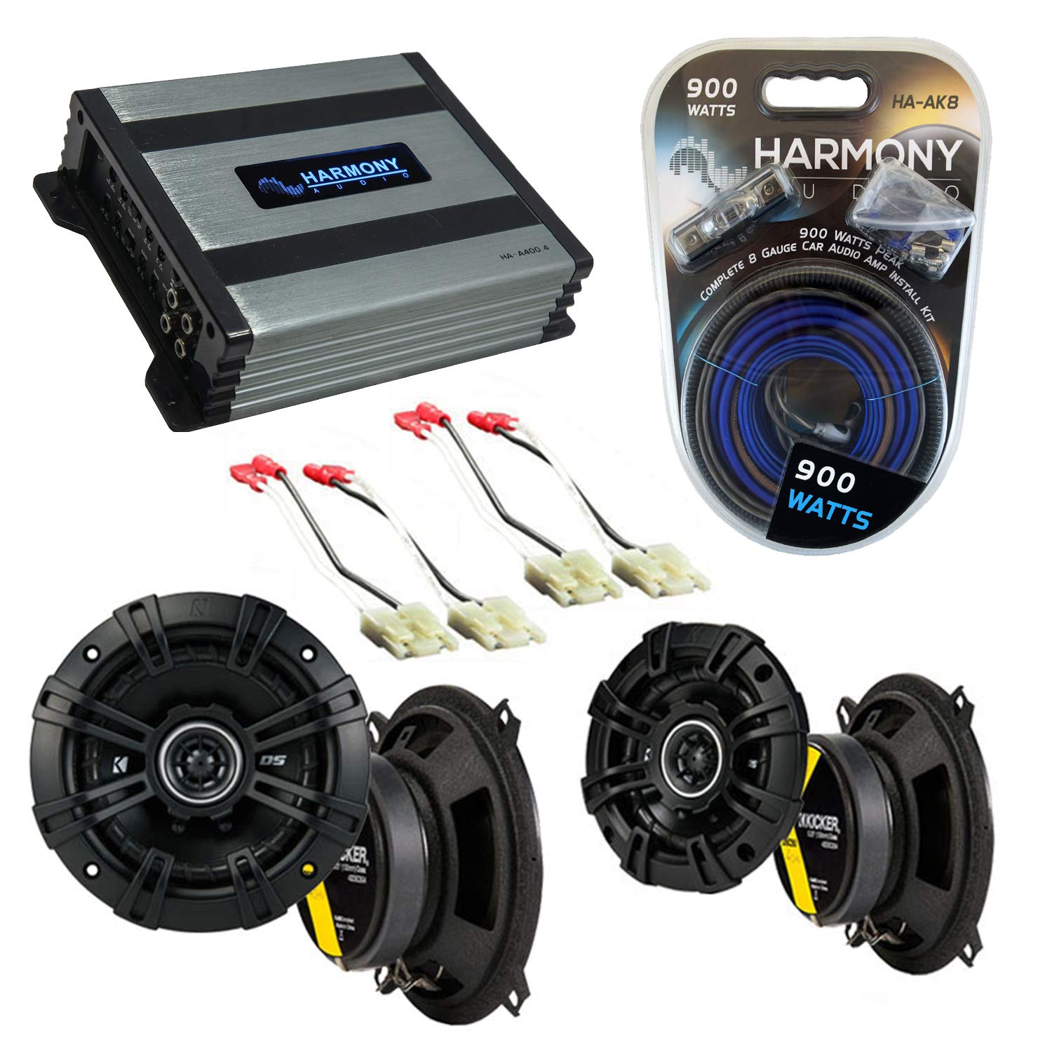 Harmony Audio Bundle with Kicker DSC4 DSC5 Factory Speaker Replacement & Harmony HA-A400.4 Compatible with Chevy Nova 1985-1988