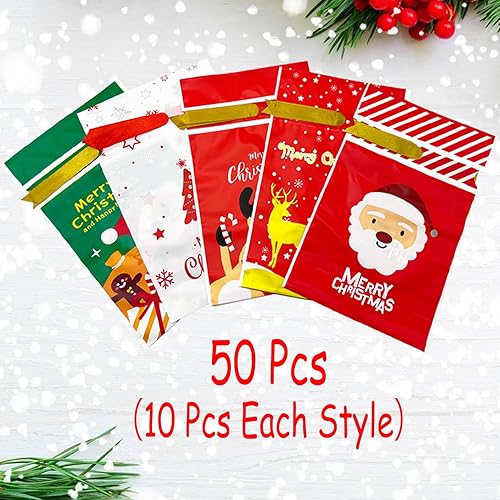 Miniatura 3 de AouEtnay 50 bolsas de dulces de Navidad, bolsas con cordón para suministros de fiesta de Navidad