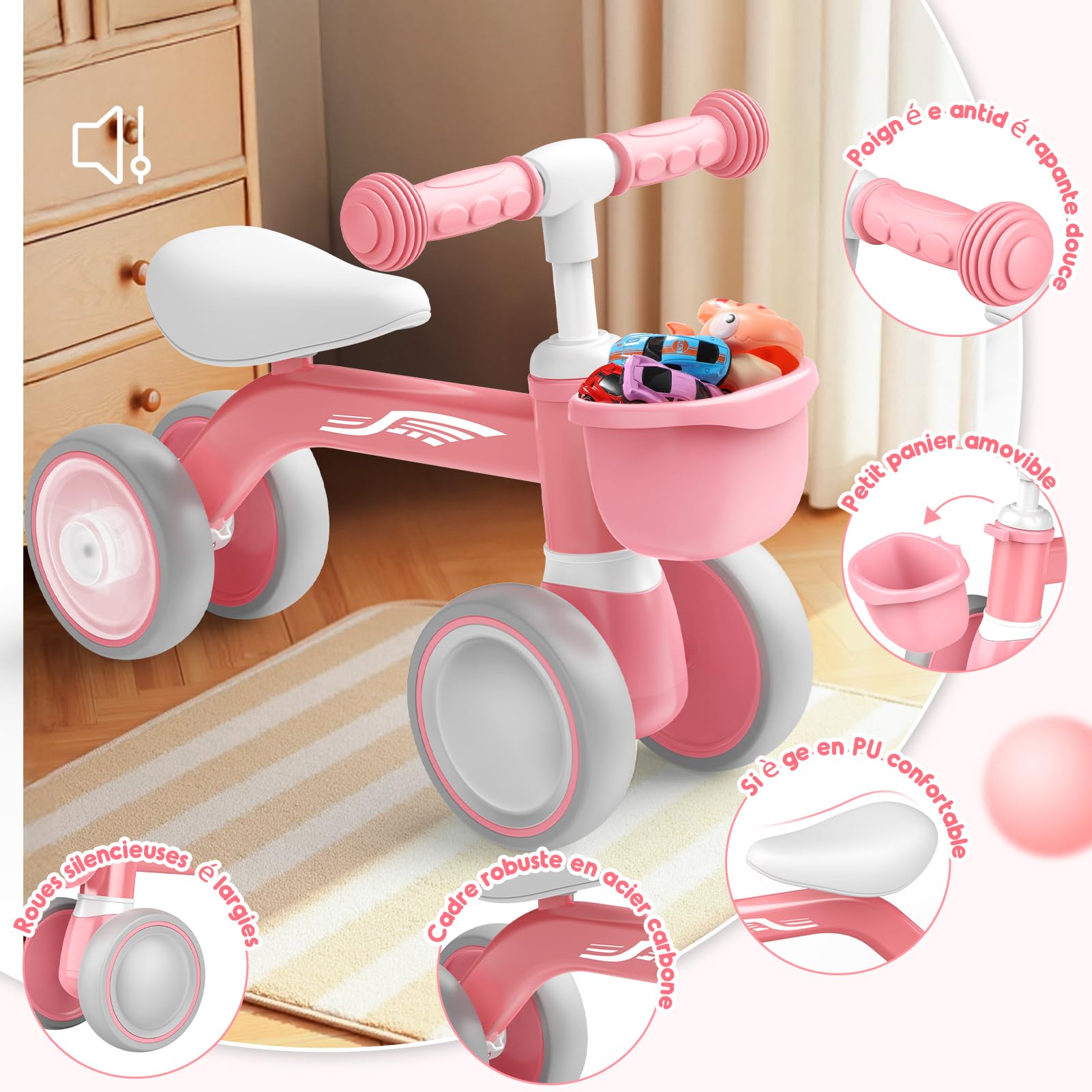 HappyGoLucky Draisienne Bebe 1 2 Ans, Jouet Enfant pour 12-24 Mois, Roues Colorées, Ultra-léger, Vélo avec Panier, Draisienne Jouet Fille 1 2 Ans, Cadeau pour 12-24 Mois, Cadeaux de Noël Enfant