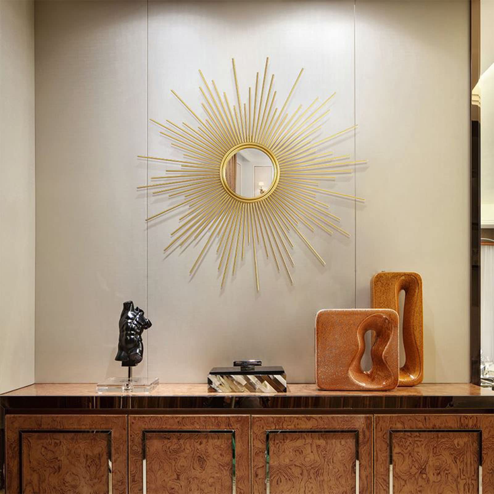 Sunburst Wandspiegel, Dekorativer Wandspiegel, Dekorativer Metallspiegel mit Gold-Finish, für Esszimmer, Wohnzimmer, Flur Veranda,60cm(24inch)