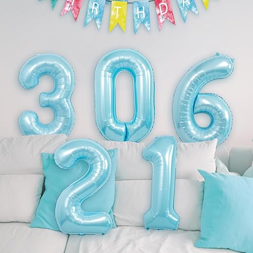Miniatura 5 de Globos de números azul claro de 40 pulgadas, globos de aluminio de Mylar con helio para cumpleaños, globo número 0 para decoración de fiestas,