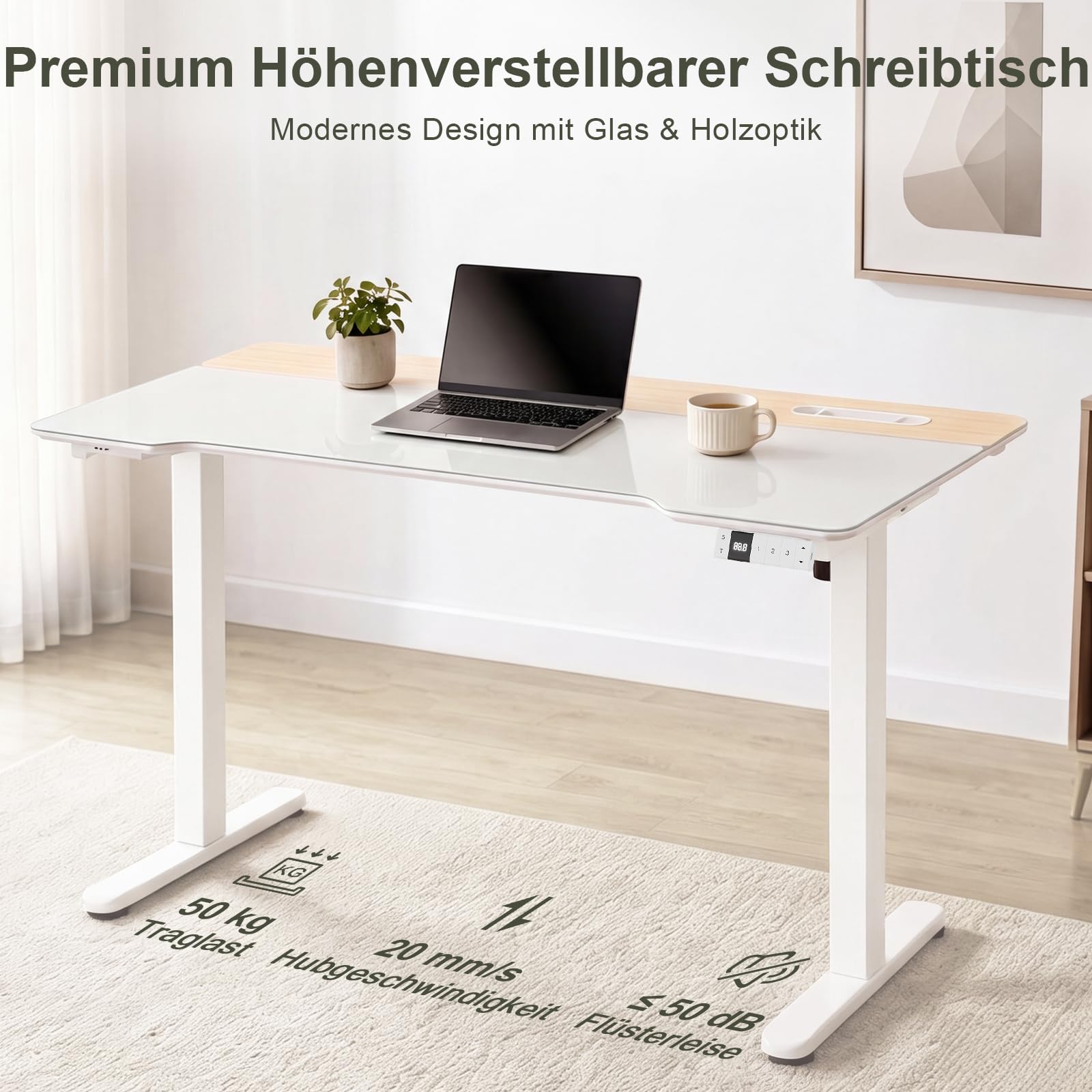 Devoko Höhenverstellbarer Schreibtisch Glas 140x70cm,Elektrischer Schreibtisch mit beschreibbarer Glasoberfläche, 72-118 cm Sitz-Steh Tisch mit 3 Höhenspeichern, USB, Kabelmanagement für Homeoffice