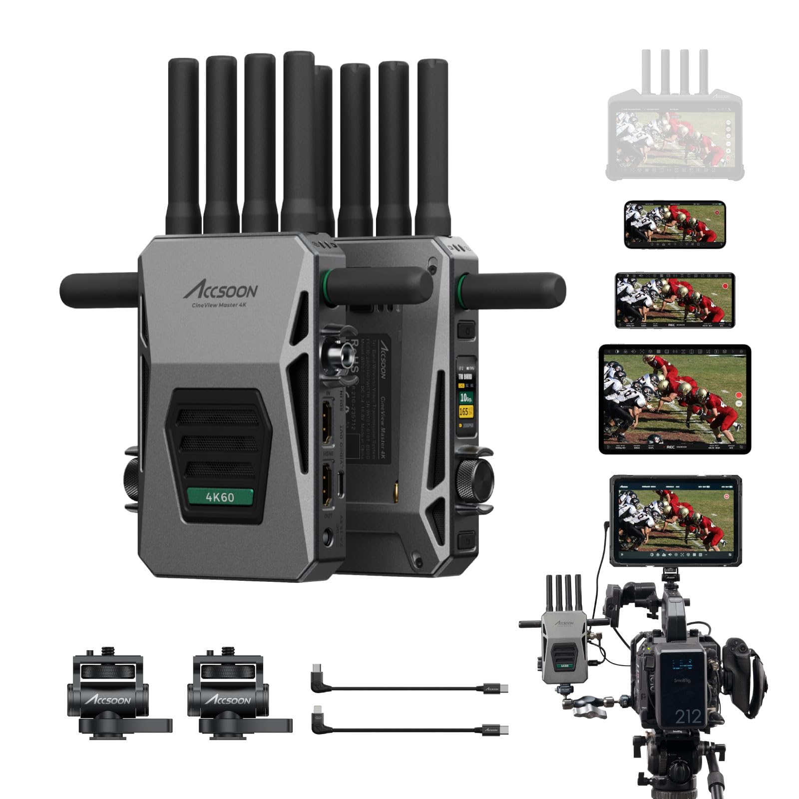 Accsoon CineView Master 4K SDI HDMI Wireless Video Transmission System, 2.4Ghz+5Ghz+6GHz Tri-Band 8202ft Range 25 ms Latency, 4K30/1080p60 1 Wired iOS+4 App Monitoring, Real-time Live Stream(1TX+1RX)