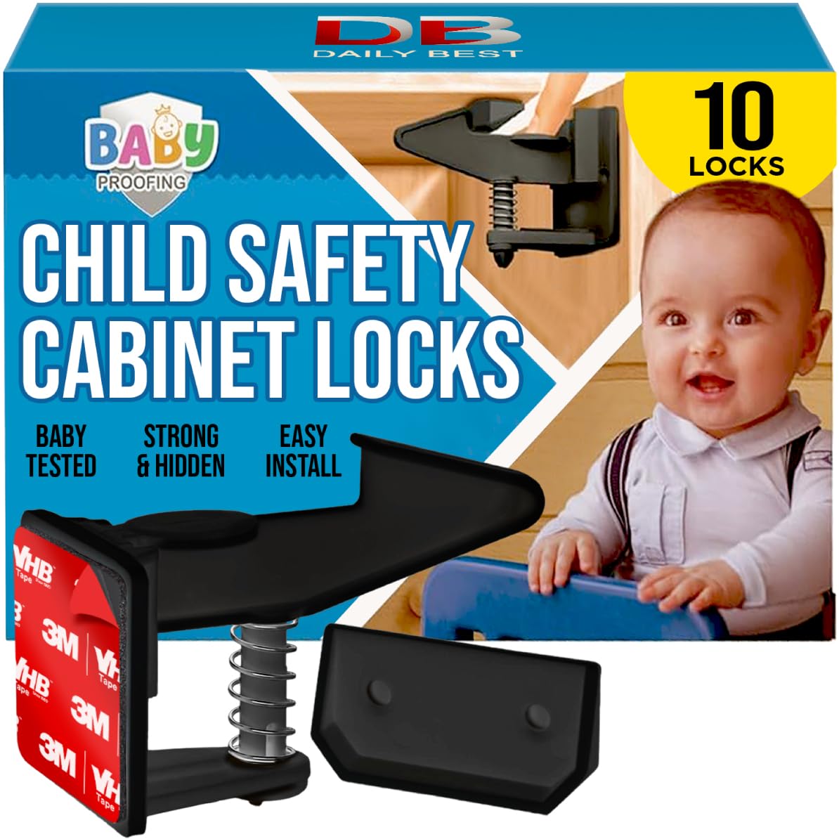 Cabinet Locks for Babies - Child Safety Latches 10 Pack - Invisible Adhesive Baby Proofing Drawer Locks - Works with Most Cabinets and Drawers - No Drilling Installation - (Black)