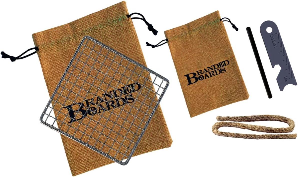 Portable Bushcraft Stainless BBQ Cooking Grill Grate, Bamboo Cutting Board, Burlap Bag, Mini Knife, Fire Starter Kits. Camping, Campfires, Backpacking, Hunting & Fishing Gear