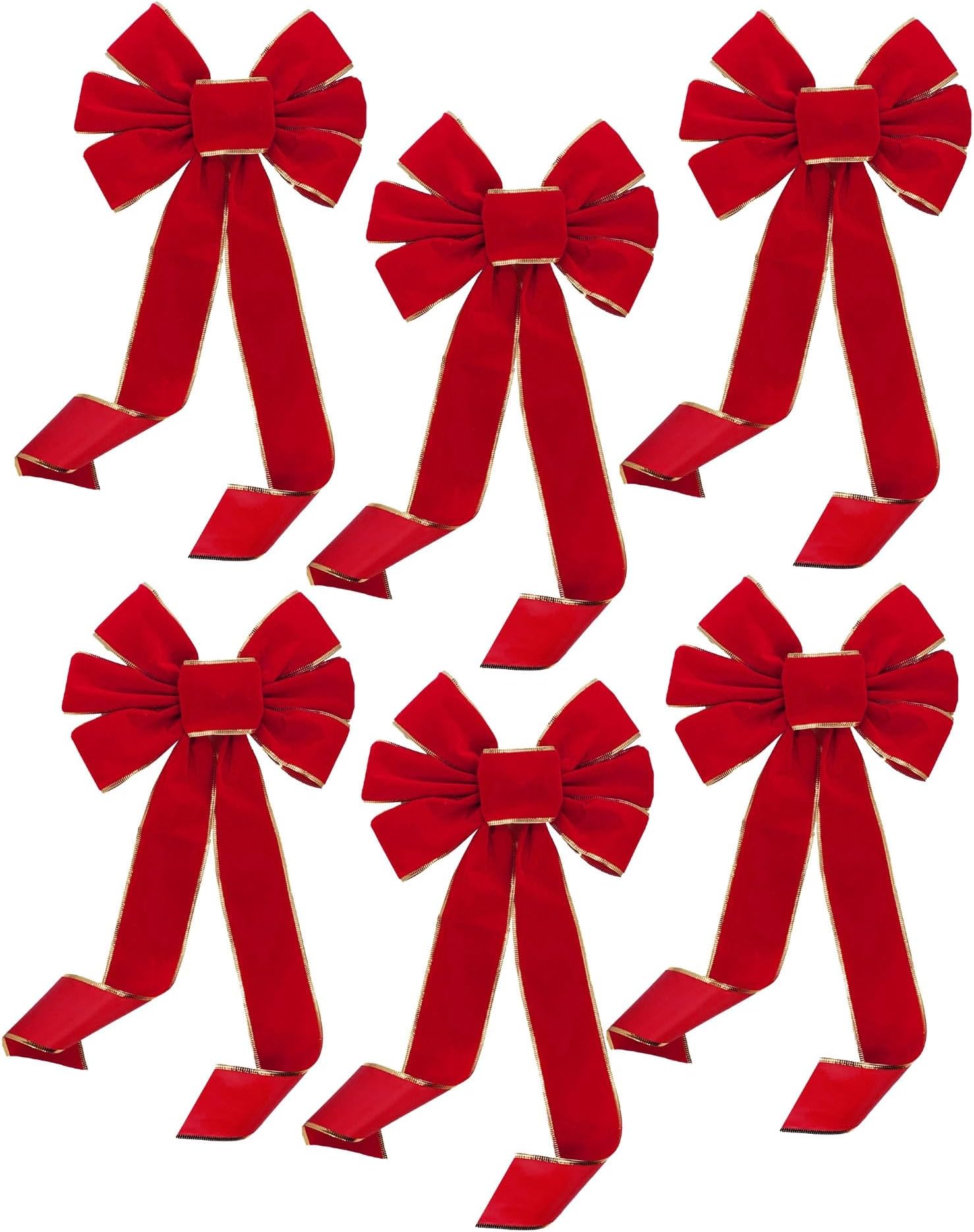 Gold Edge Christmas Wreath Bows - 10" Wide, Set of 6, Red Velvet, Front Door, Gate, Fence, Retail Display Decorations, Gift Basket, Swag & Garland Decoration, Festive Winter Decor, Valentine's Day