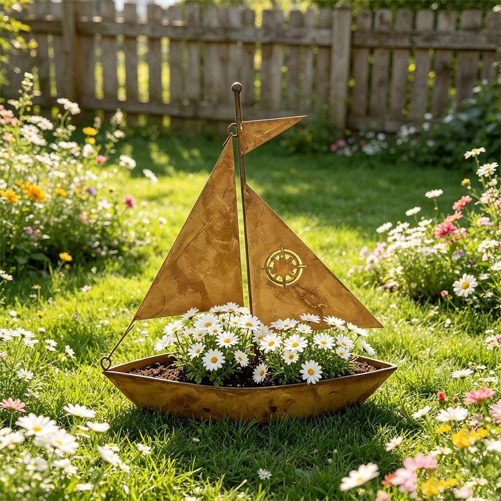 EIRZNGXQ Rustic Sailboat Metal Planter, 3D Iron Sailboat Sculpture