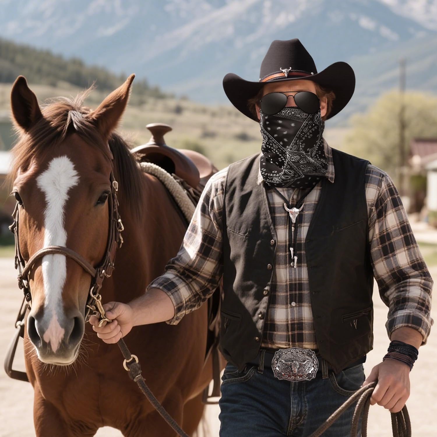 Cowboy Costume Outfit for Men Women Cowboy Hat Accessories Set, Black Western Outfit with Buckle Belt, Bandanas, Sunglasses, Necktie, Mask and Bracelet, Rodeo Halloween Cosplay Party Outfit Kit (7pcs) - Image 2