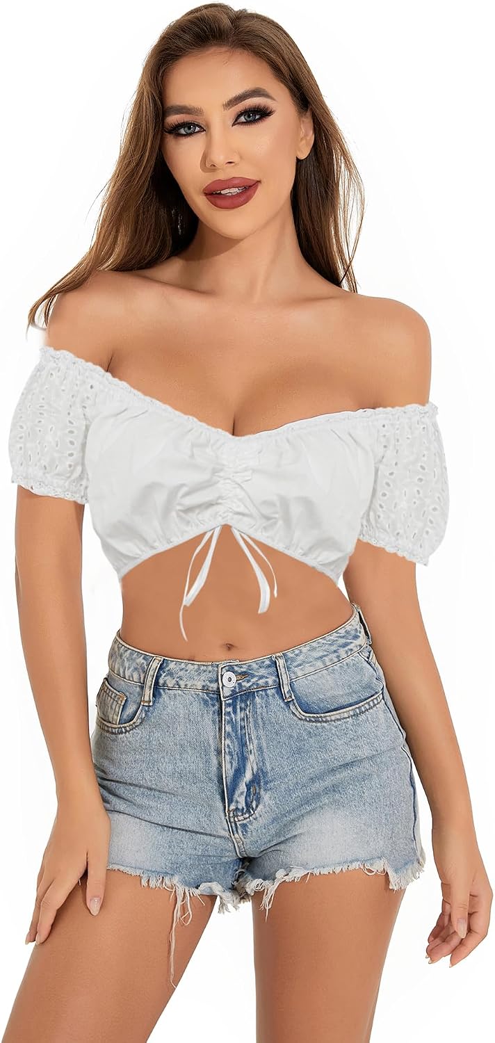 Women German Dirndl Blouse Bavarian Oktoberfest Costume Beer Festival Short Sleeve White Dirndl Shirts Crop Tops