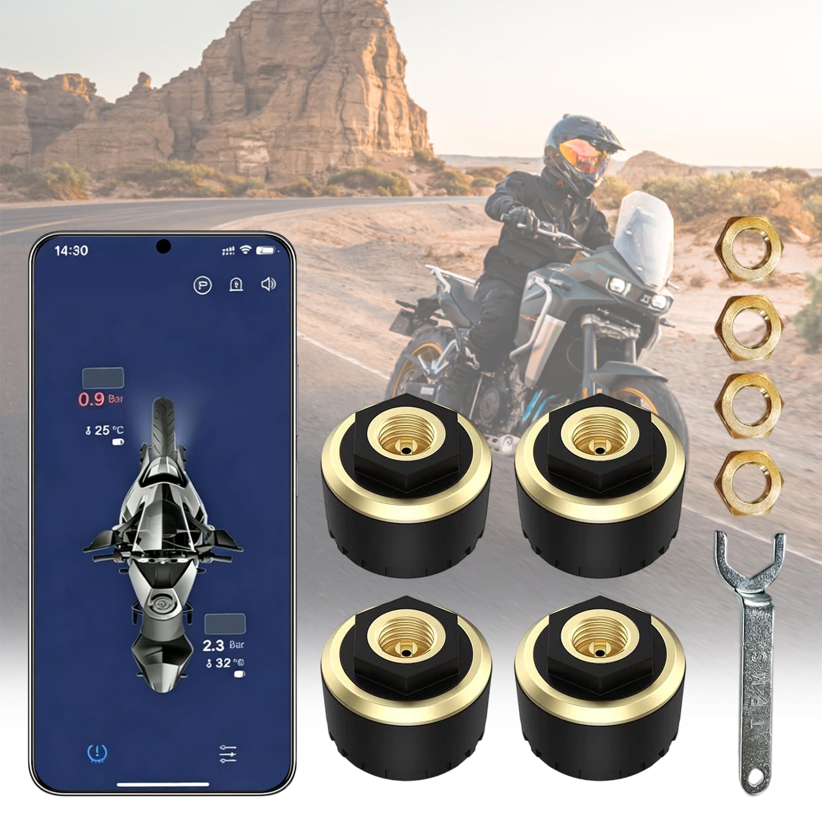4 motocyklowy system kontroli ciśnienia w oponach TPMS z czystej miedzi, oparty na aplikacji (iOS/Android), ciśnienie i temperatura w czasie rzeczywistym, wodoszczelność IP67, żywotność baterii 2-3