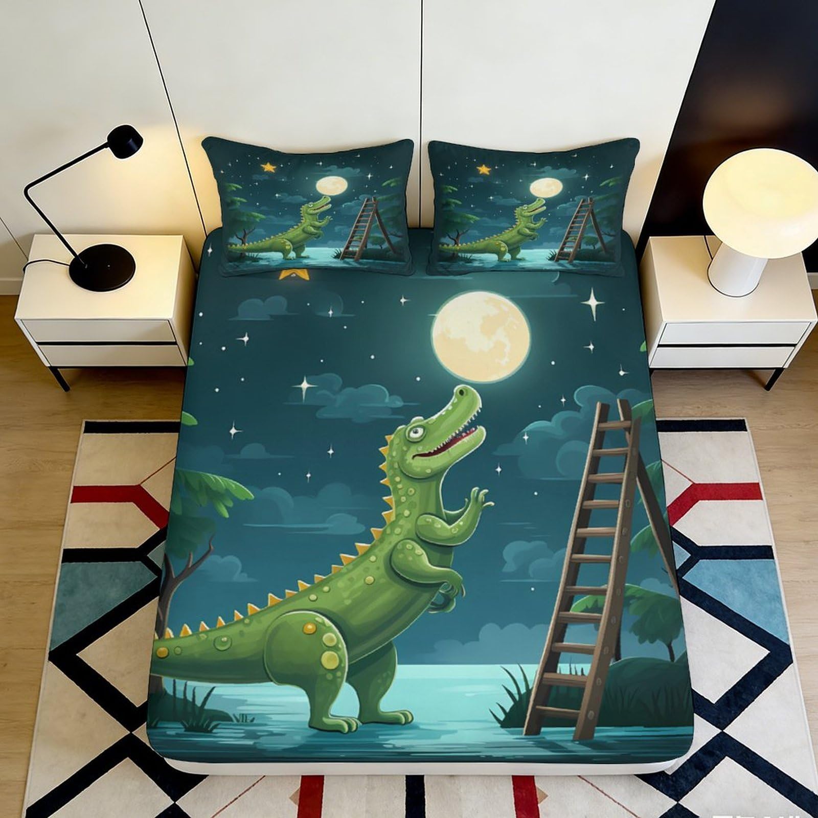 3D Printed Dinosaur Moon Fitted Sheet Microfiber Soft Anti-Slip Mattress Cover Bedroom Decor Easy Care for All Ages 90x200x25cm