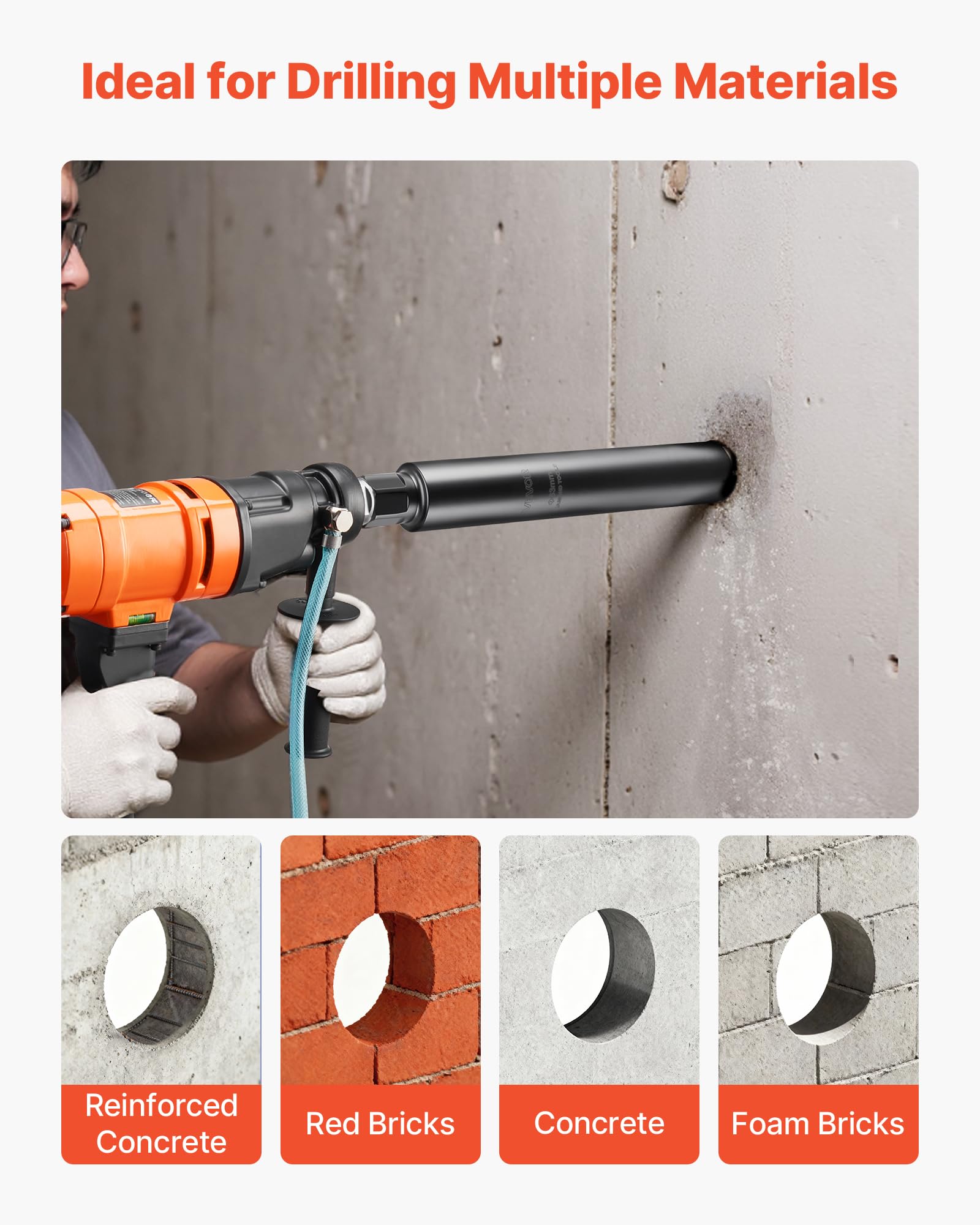 VEVOR Foret Diamant pour Carotteuse, Couronne de Carottage Humide Diamètre 63,5 mm et Profondeur de Perçage 356 mm, Trépan avec Filetage Intérieur 1-1/4 po-7 32 mm-7, pour Béton Armé Maçonnerie