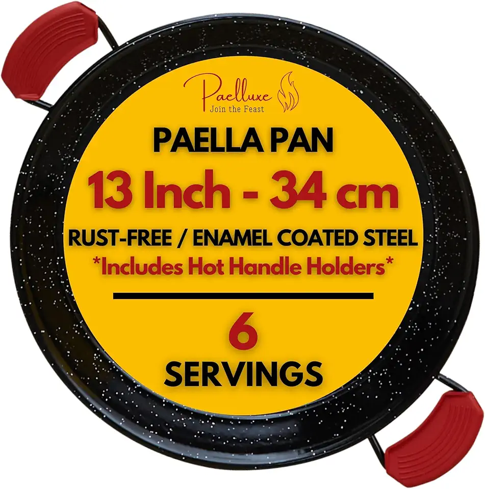 Panela de Paella Paelluxe 33 cm com 5 Porções - Aço Esmaltado sem Ferrugem - Fácil de Limpar - Queimadores a Gás - Frigideira de Cozinha Interna e Externa - Cacerola Paellera Sarten