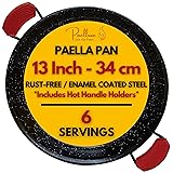 Paellera Sarten de 13 pulgadas, 5 porciones, esmaltada, no se oxida, fácil de limpiar, quemador de gas para cocinar, sartén de cocina en interiores y exteriores, paellera sarten