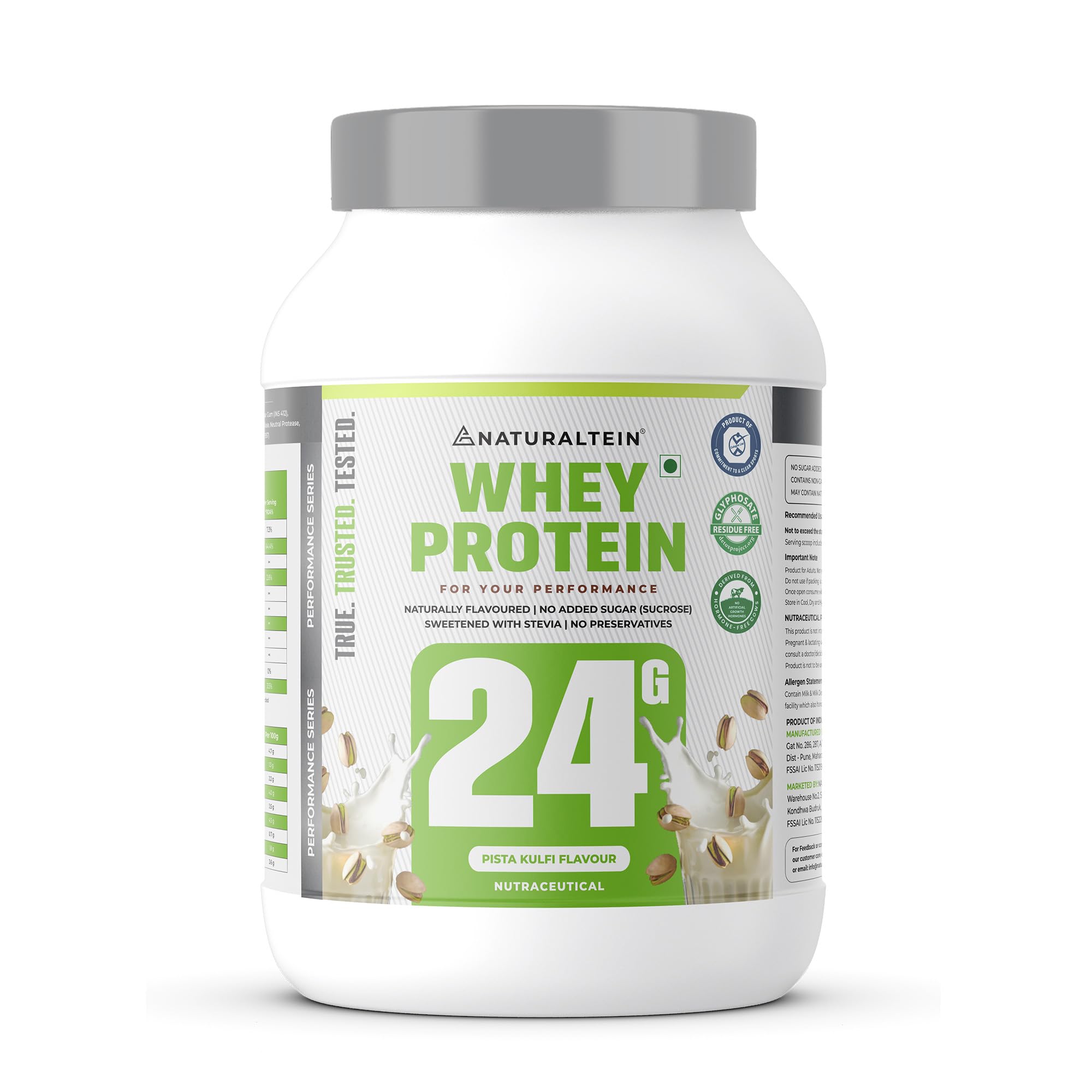 Naturaltein Natural Whey Protein 1 kg | Pista Kulfi Flavour | 24g Protein Per Serving | No Added Sugar | Sweetened with Stevia | Non-GMO | Soy-Free | Gluten-Free | Super Mixability
