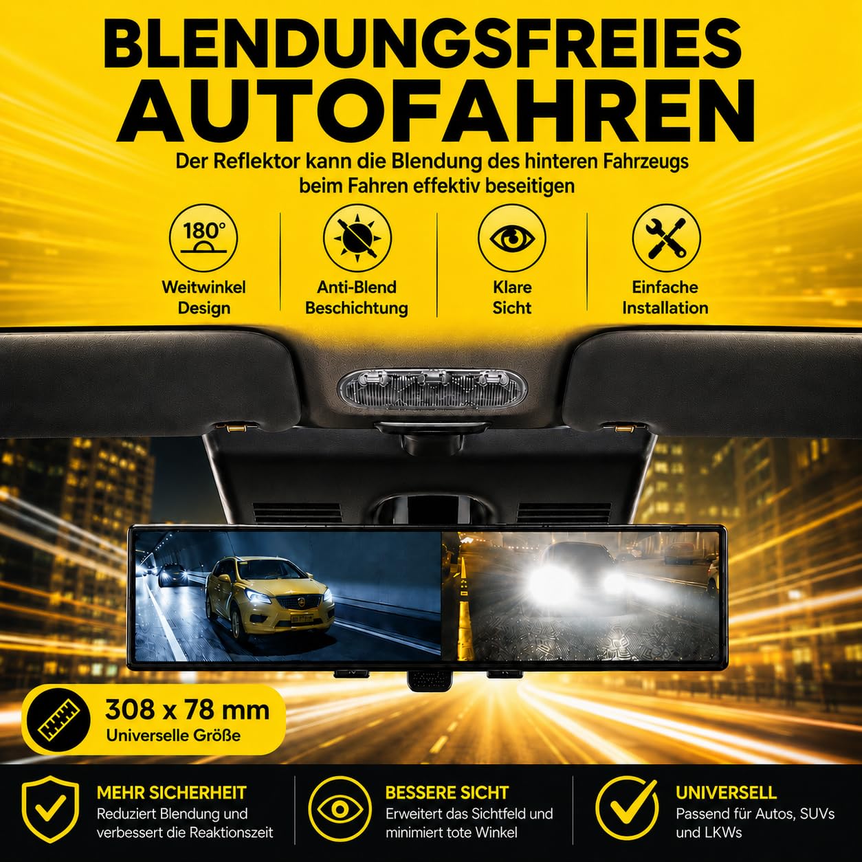SAULMANN Rétroviseur panoramique pour voiture - Grand angle - 308 x 78 mm - Universel à clipser - Protection contre l'éblouissement - Bonne solution pour les angles morts - Pour voitures, SUV, camions