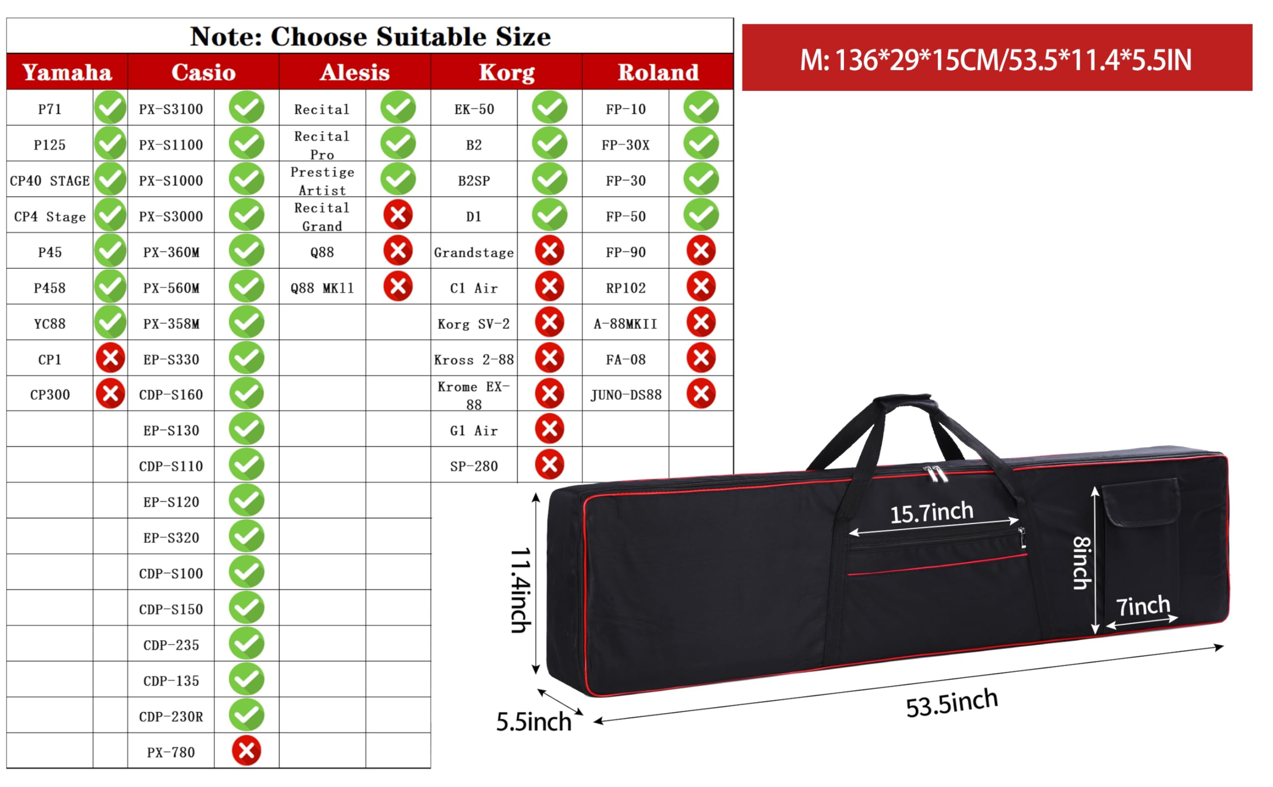 Monkeysell Keyboard-Tasche mit 88 Tasten, Klavierhülle, Tastatur-Gigbag mit 2 Taschen, robuste Oxford-Innenseite, gepolstert, vollständige Abdeckung, 135x29x14 cm