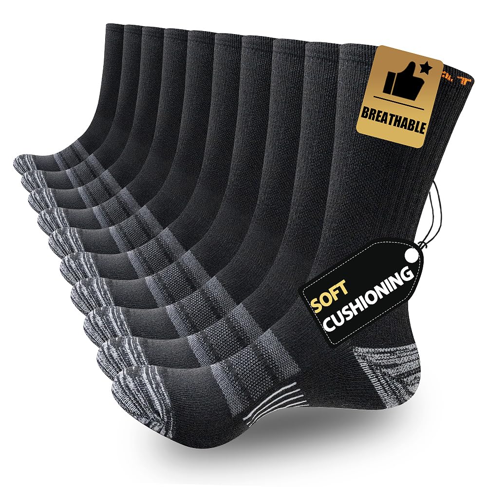 JOYN E 5 10 Pairs Mens Lightweight Athletic Crew Cushioned Breathable Work High Calf Long Boot Socks