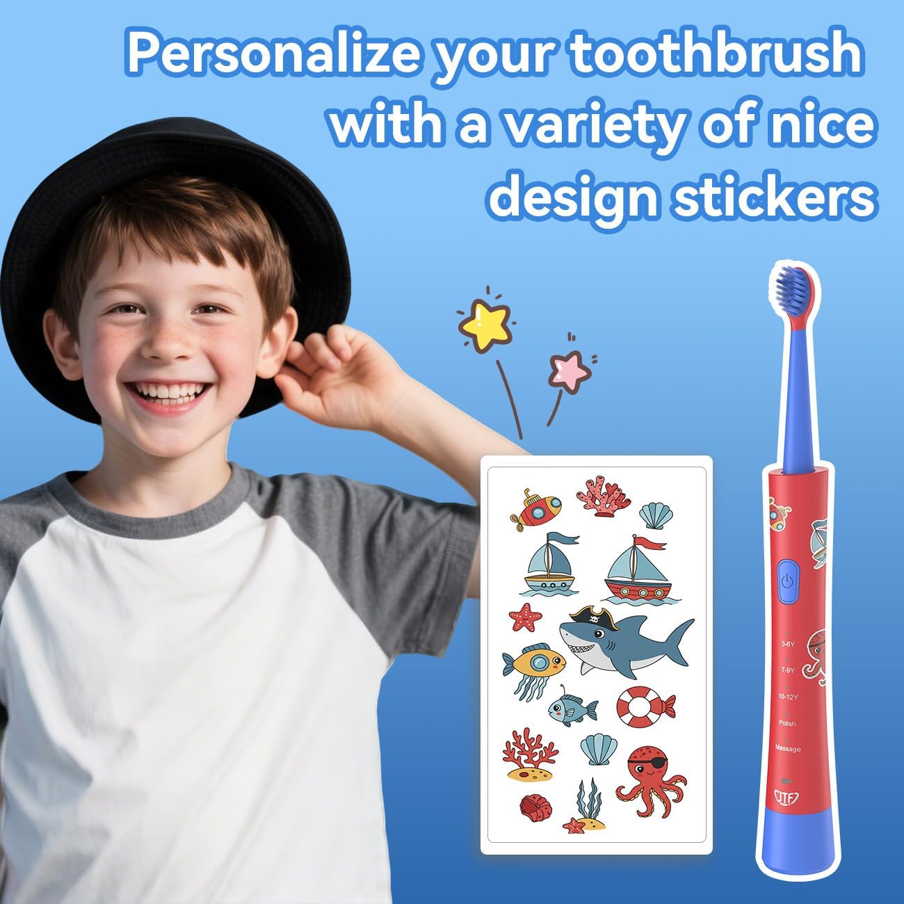 JTF Kids Electric Toothbrush with 10 Soft Brush Heads, Fun DIY Stickers, 5 Gentle Modes and Smart Timer, Safe & Effective for Sensitive Teeth, Children Sonic Toothbrush for Home & School, Ages 3+