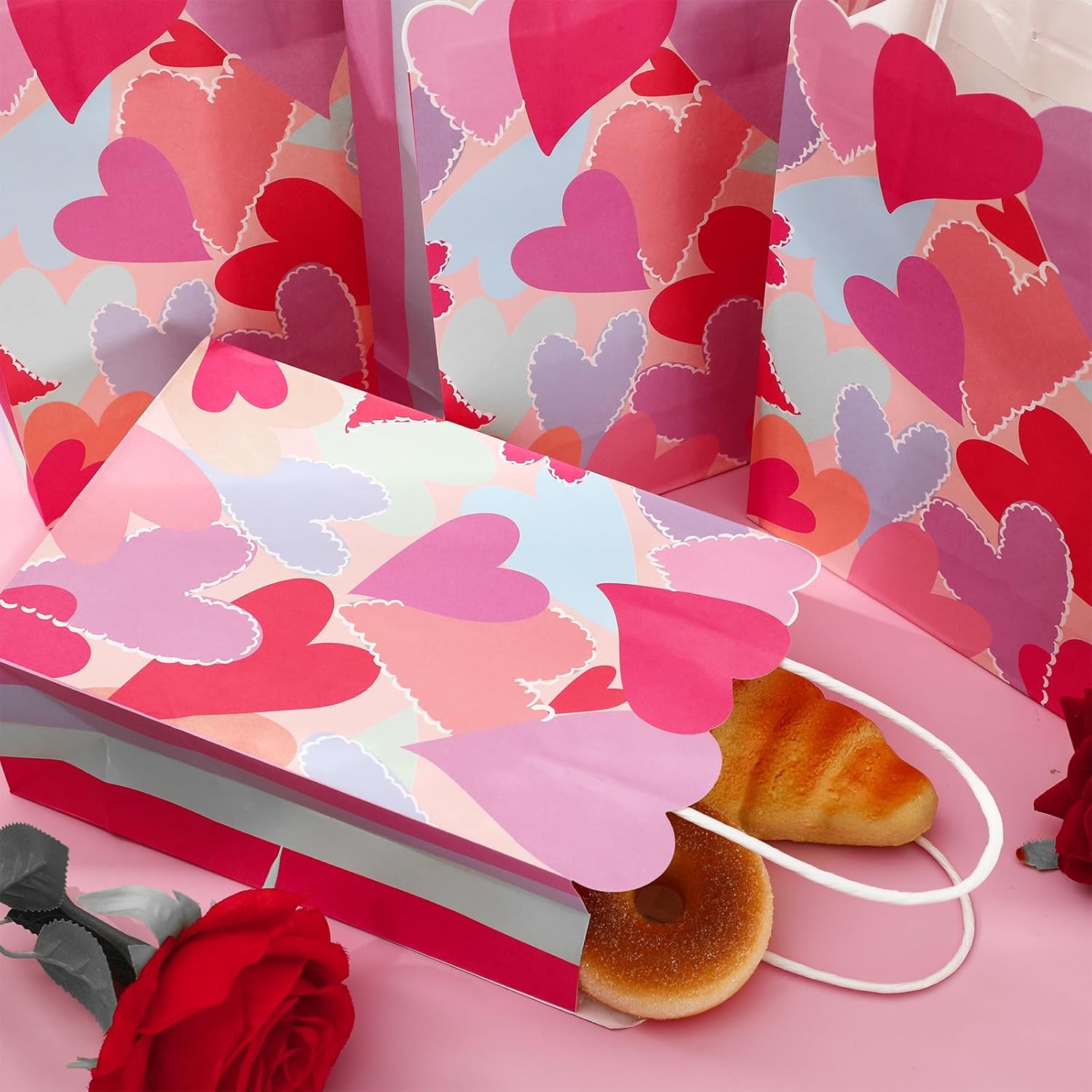 JarThenaAMCS Valentine's Day Paper Bags Scalloped Gift Bag with Handle Colorful Hearts Candy Goodie Treat Bags for Wedding Birthday Baby Shower Party Favor Supplies, 16Pcs - Image 5