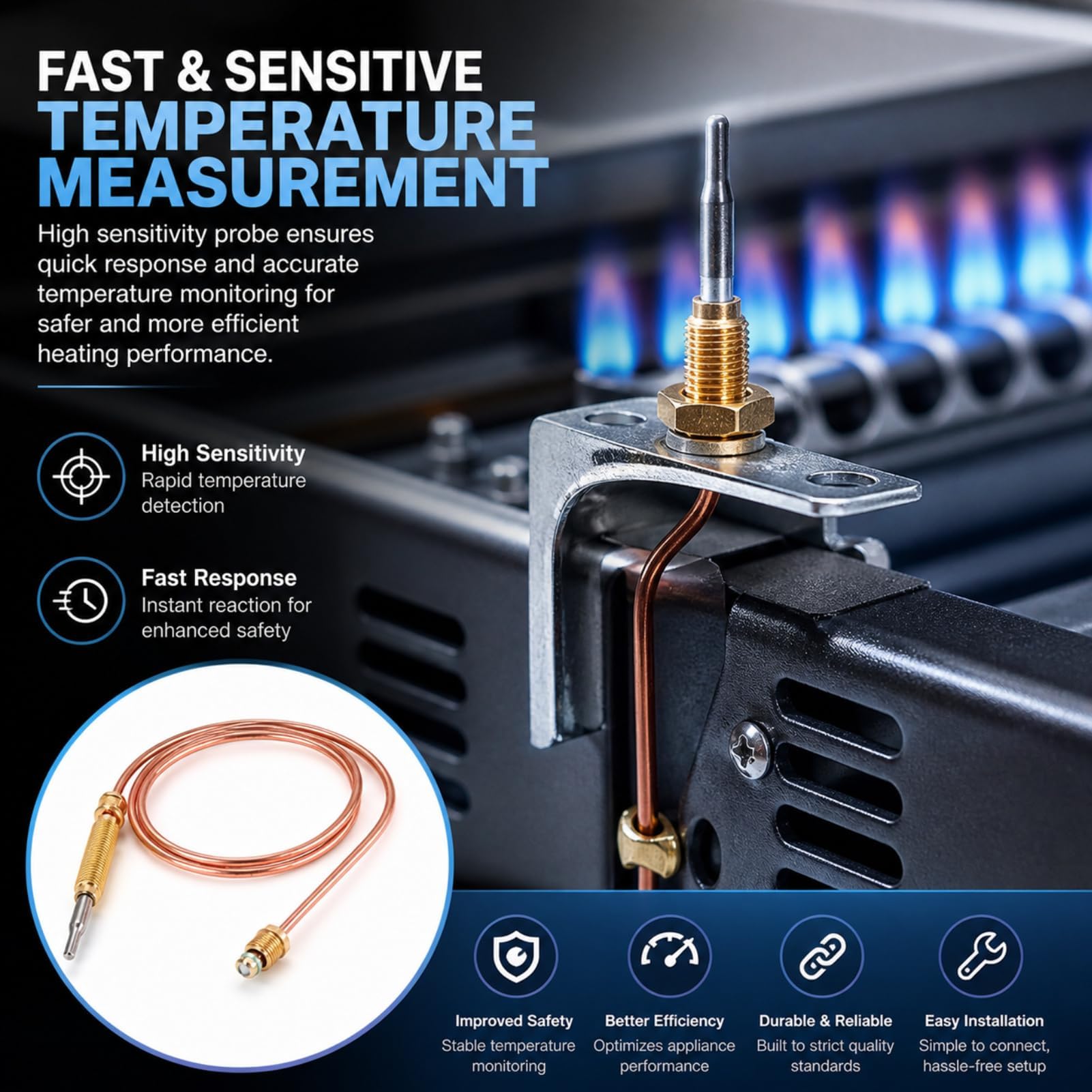 Thermocouple à Gaz Universel M8, Sonde de Chauffage pour Brûleur à Gaz, 600mm, Pièces de Rechange pour Chauffage Extérieur, Écrous de Connexion, Accessoires pour Cheminée et Barbecue (2 pièces)