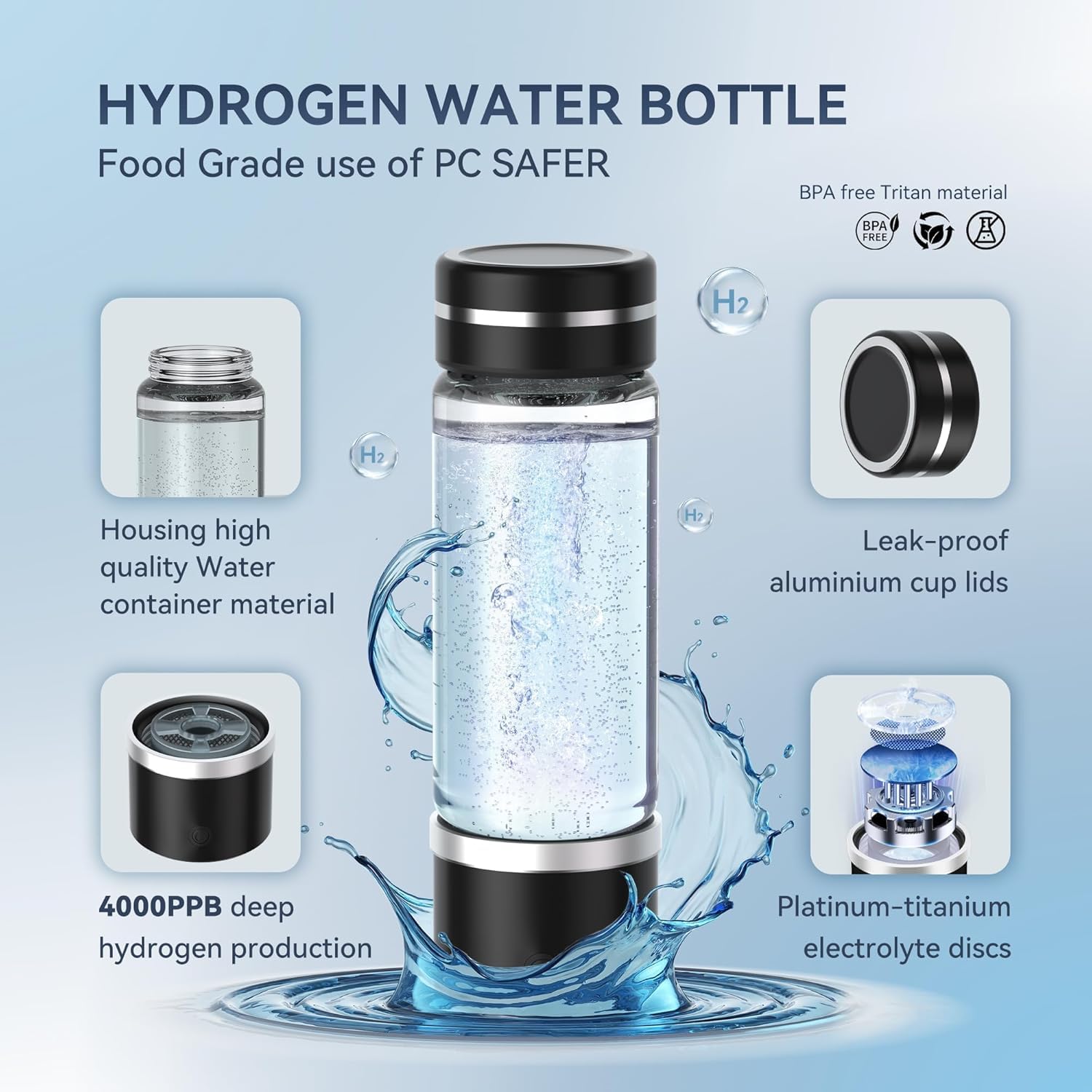 Upgrade Wasserstoff Wasserflasche 4000PPB【Nr.1 Doppelter Wasserstoffgehalt】Hydrogen Water Bottle Mit TOP SPE PEM-Technik, Wasseraufbereitung in 3 Minuten Smart