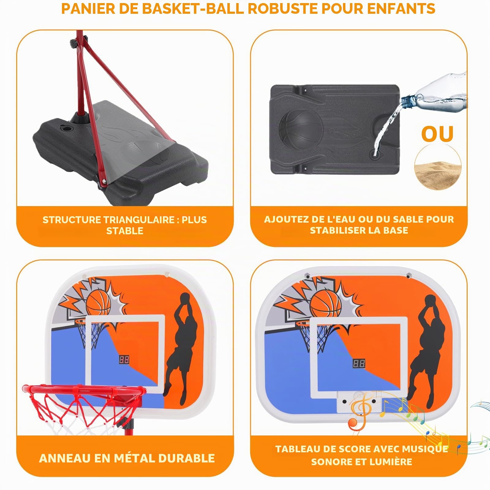 Panier de Basket pour Enfants, Support de Panier de Basket Portable, Hauteur réglable 80-180 cm, avec Tableau d'affichage, intérieur extérieur
